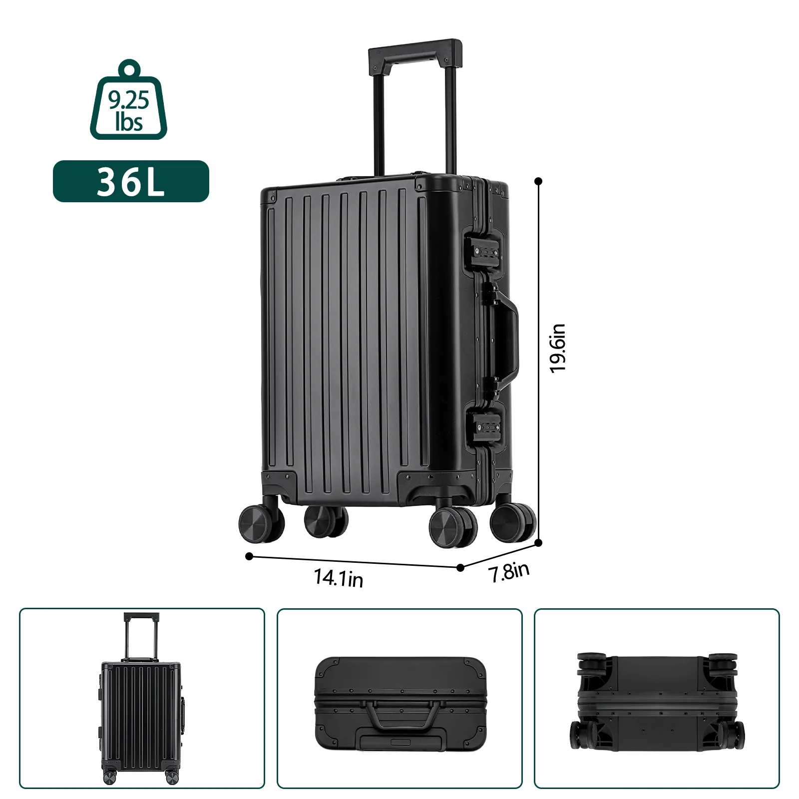 HDUTNGISN 14"x7.8x19.6" Aluminum Carry-On Luggage Airline Approved,Zipperless Hard Shell with Spinner Wheels (20"Black)