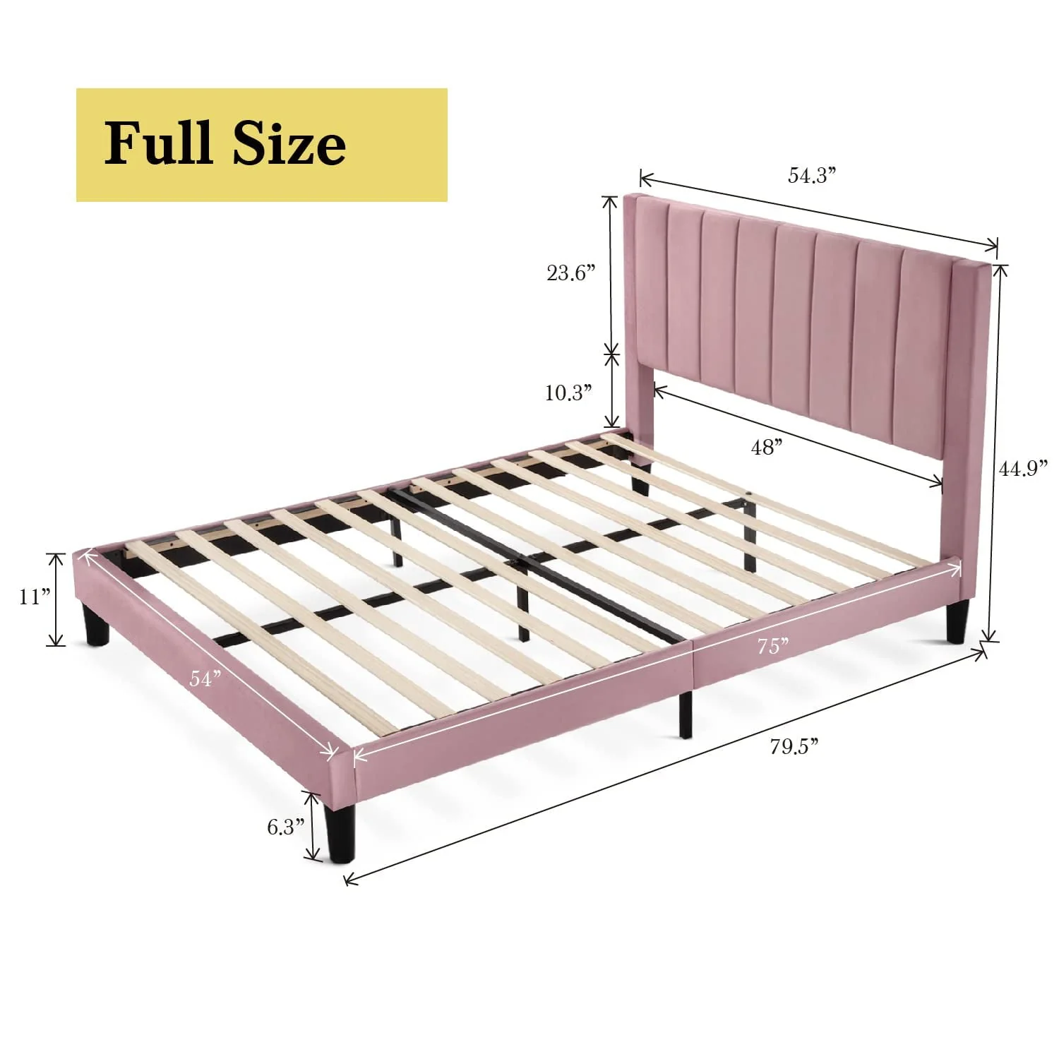 Einfach Full Size Platform Bed Frame with Velvet Vertical Headboard, Pink
