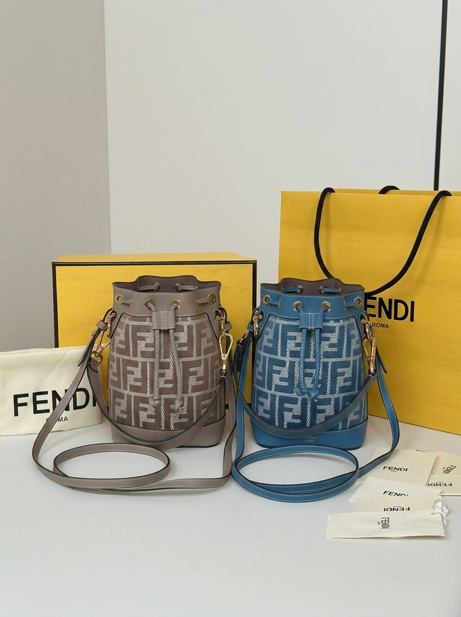 [15A] Fendi Grey / Blue  FF Jacquard Canvas Mon Tresor Mini Drawstring Bucket Bag