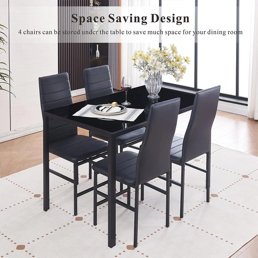 Dining Table Set for 4, 5 Piece Kitchen Table and Chairs with Black Tempered Glass Table Top and 4 Black Faux Leather Metal Frame Chairs,47.2" x 27.5" x 29.5"