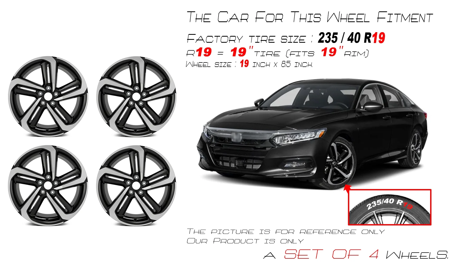 19" Set of 4 Brand New 19" 19X8.5 Alloy Wheel For 2018-2022 HONDA Accord OEM Design Replacement 10 Spoke Rim