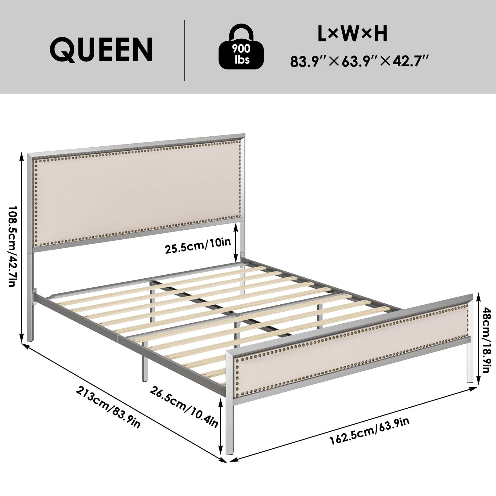 Homfa Queen Size Metal Bed Frame with Linen Upholstered Headboard, Sliver
