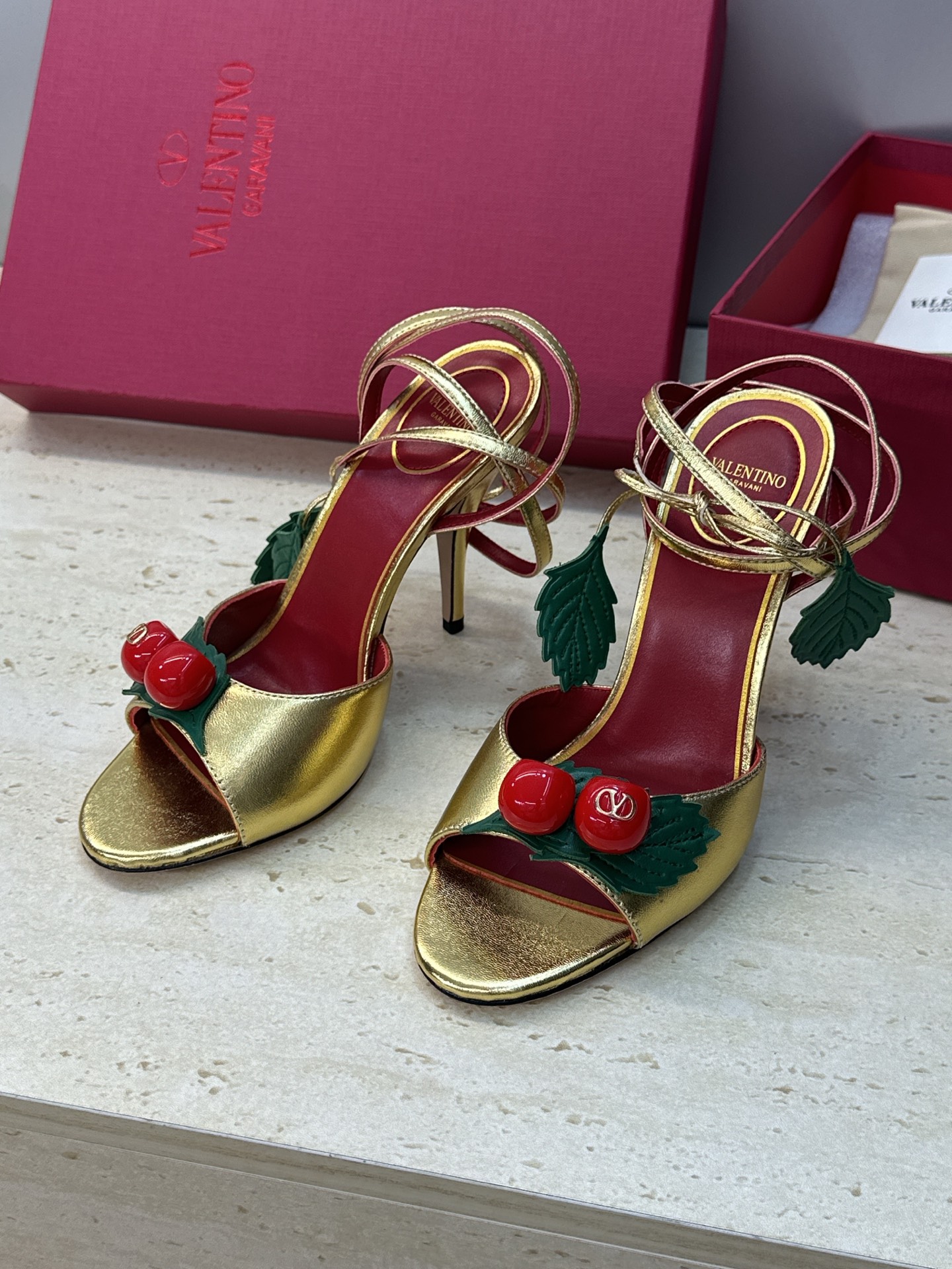 Valentino Garavani Gold Cherry Leather Leaf Charm Metallic Leather Stiletto Toe Heel Sandals