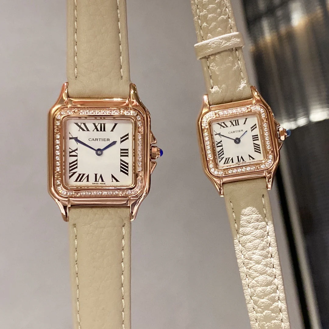 Cartier Watch PANTHERE DE CARTIE DIAMOND BEZEL ROSE GOLD BEIGE LEATHER