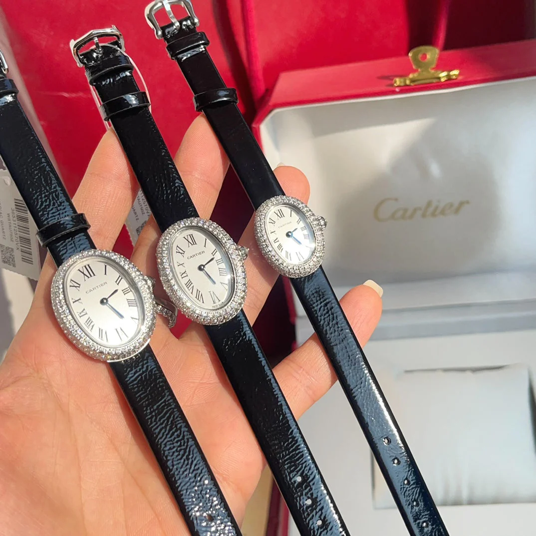 Cartier Watch Baignoire Silver Diamond Case Black Leather Strap