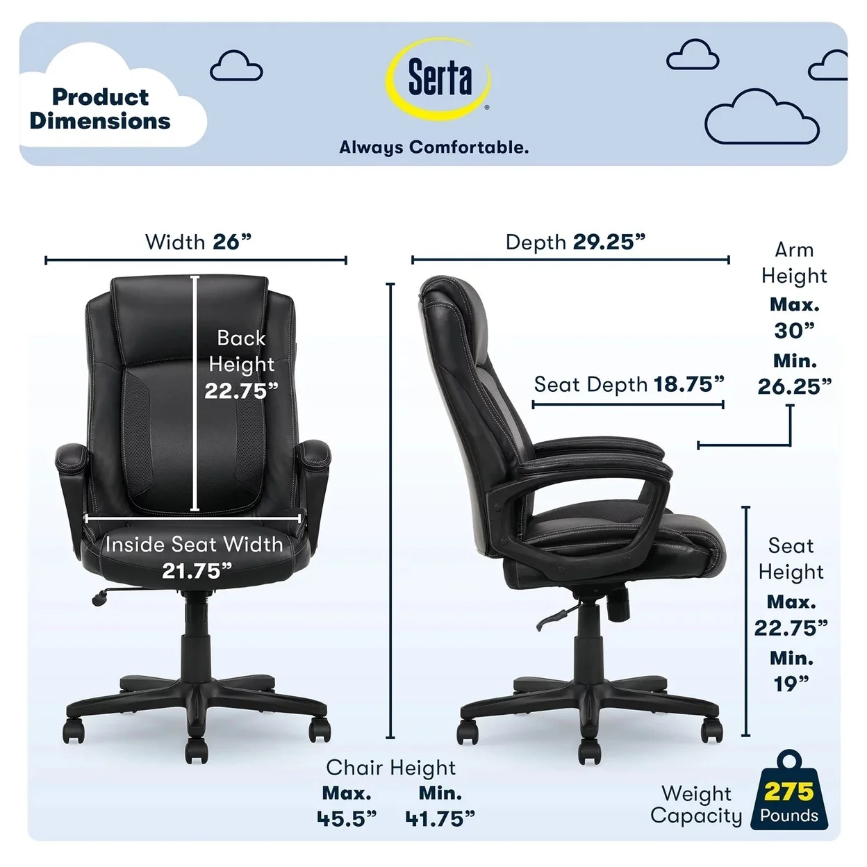 Serta Mid Back Lumber Support and Swivel Office Desk Chair, Black