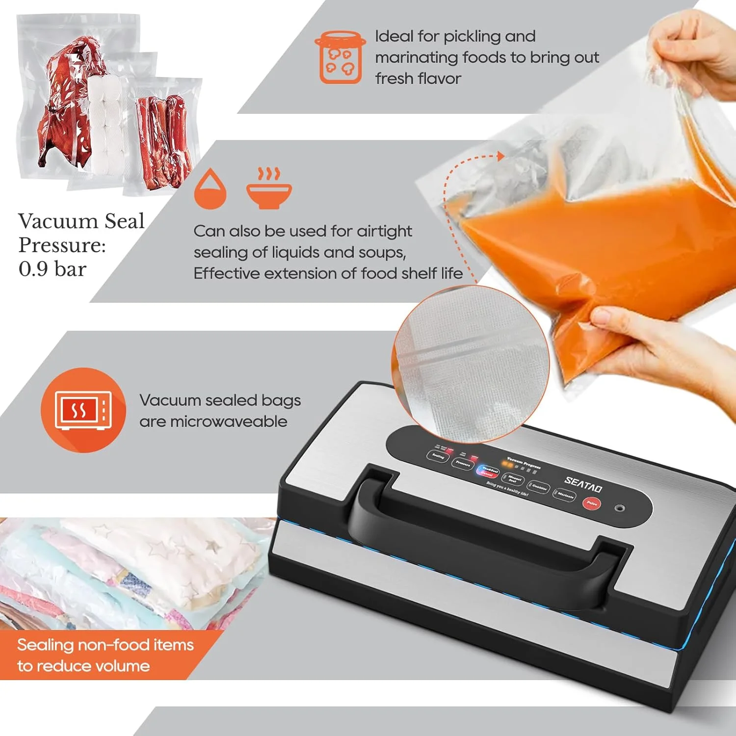 Upgraded Vacuum Sealer for Liquid, 90Kpa Vacuum Sealer Machine for Dry/Moist/Liquid Food, Easy-Lock Handle, Double Heat Seal, Built-in Cutter and Bag Storage & Removable Drip Tray