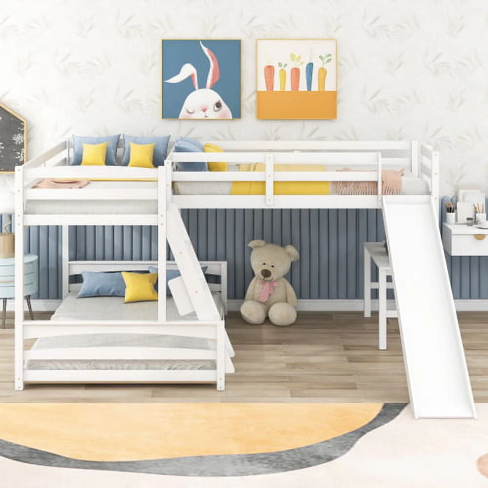 L Shaped Triple Bunk Bed for 5, Twin Over Full Bunk Bed and Twin Size Loft Bed with Built-in Desk, and Slide,Full-Length Guardrail, White