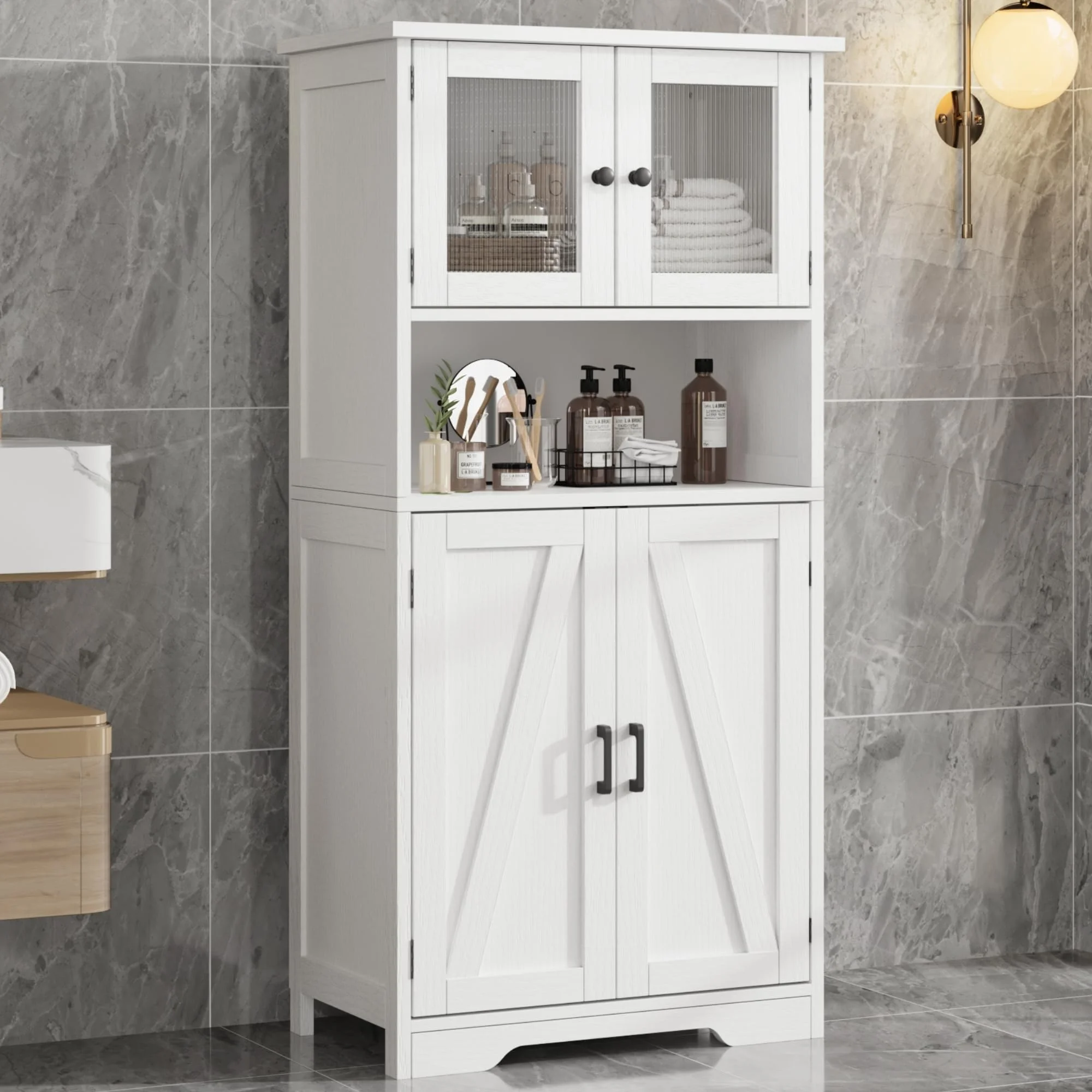 AOILE Farmhouse Bathroom Storage Cabinet with Glass Doors & Adjustable Shelves, Freestanding Kitchen Pantry Cabinet