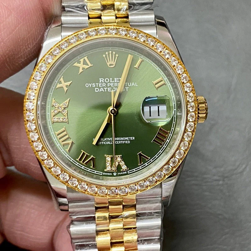 Rolex Watch DATEJUST 36MM GOLD STEEL DIAMOND BEZEL GREEN DIAL