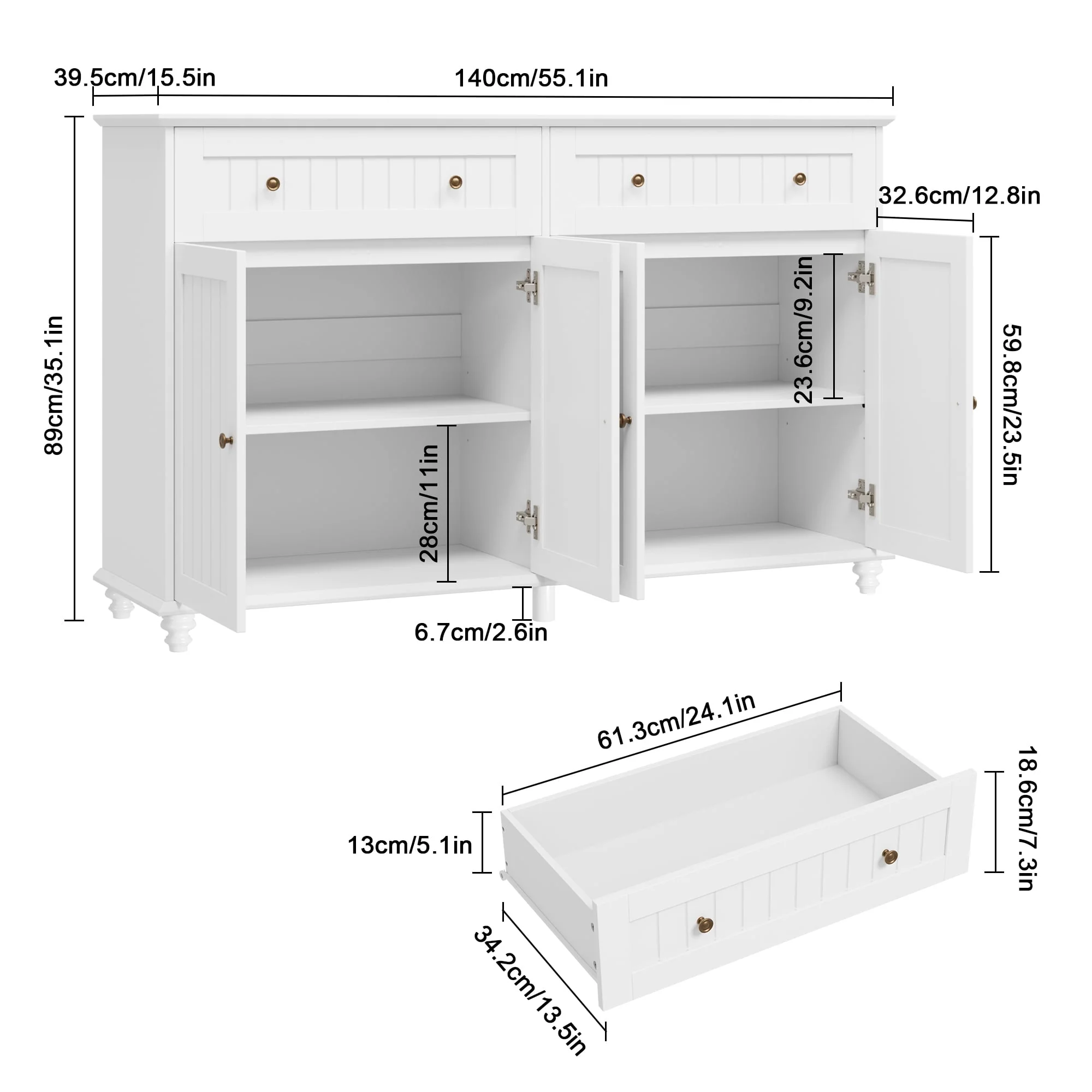 Homfa Vintage White Kitchen Buffet Sideboard, 4-Doors 2-Drawers Wood Storage Cabinet for Living Room