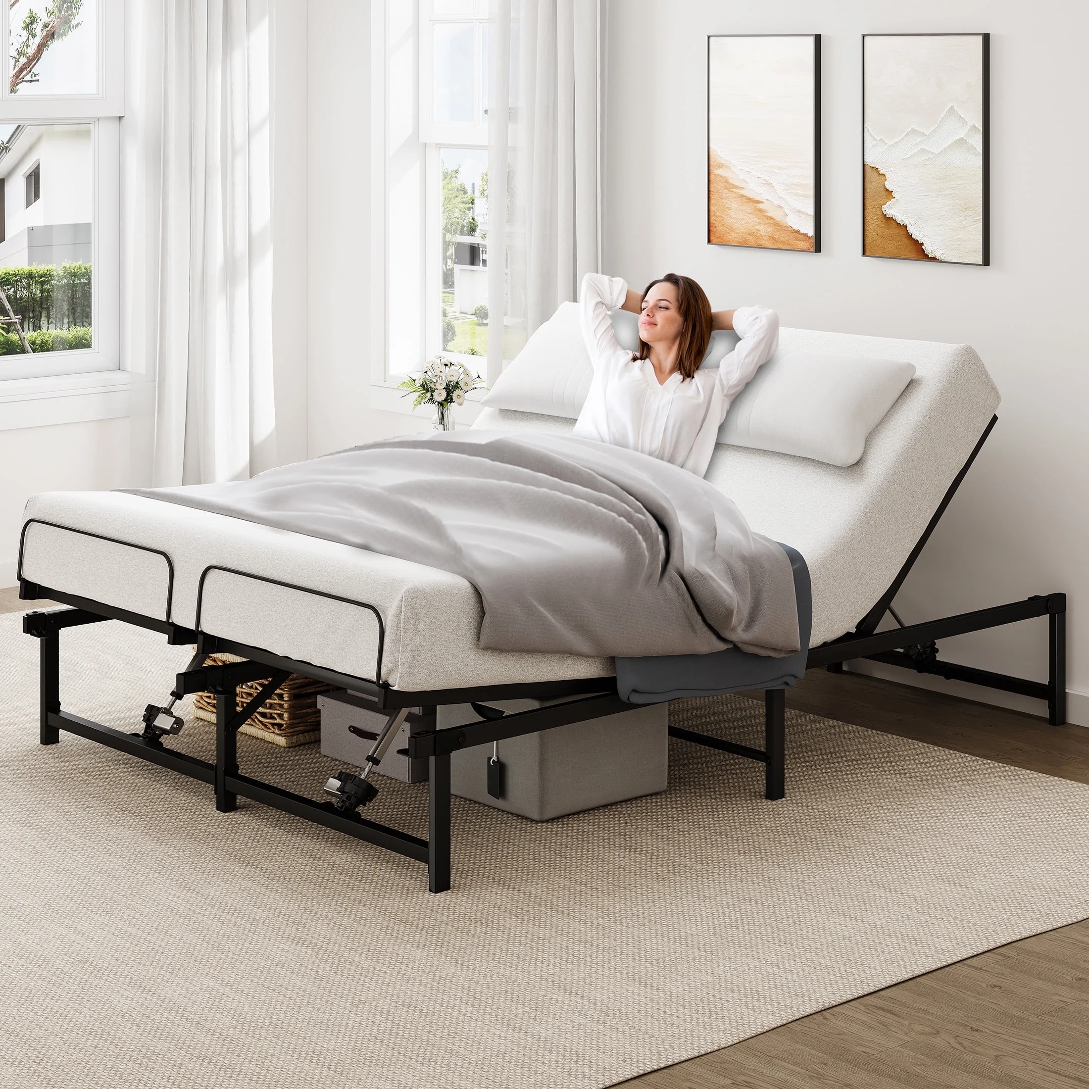 PAPROOS Power Adjustable Bed Base Queen, Metal Ergonomic Electric Bed Frame with Independent Head and Foot Incline, Modern Adjustable Platform Bed with Wired Control, Under-Bed Storage