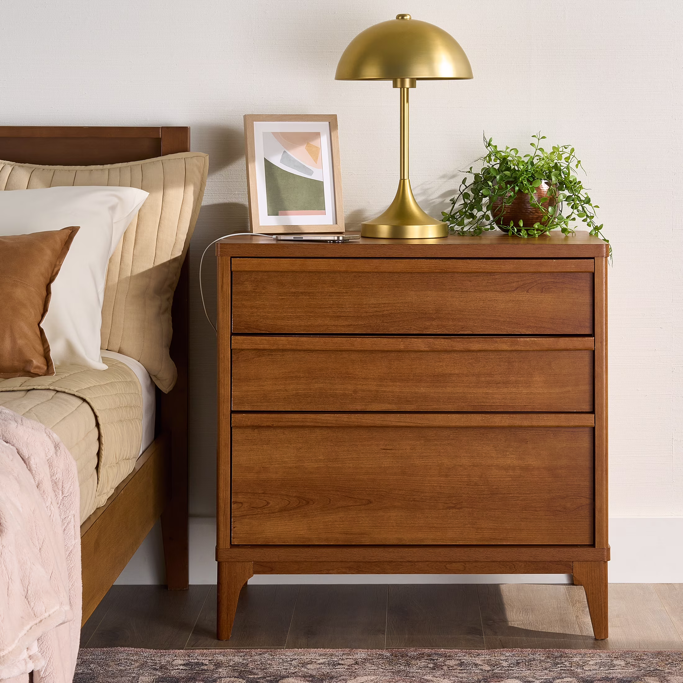 Better Homes & Gardens Greyson 3-Drawer Nightstand with USB, Acorn Finish