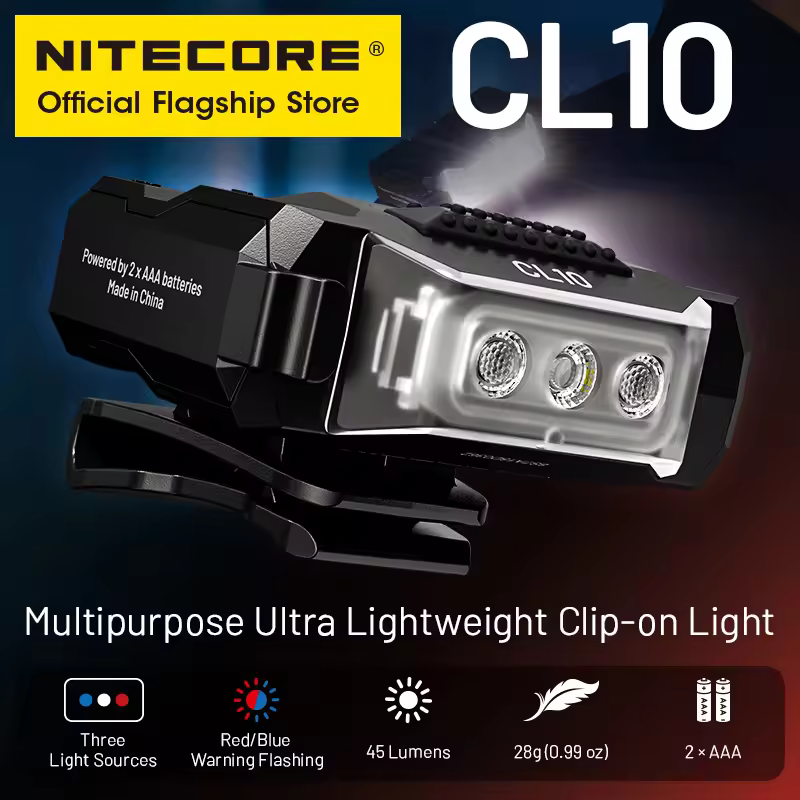 NITECORE CL10 Clip-on Light 45 Lumens White Light Red Blue Warning Flashing Power by AAA Battery for Law Enforcement Patrolling