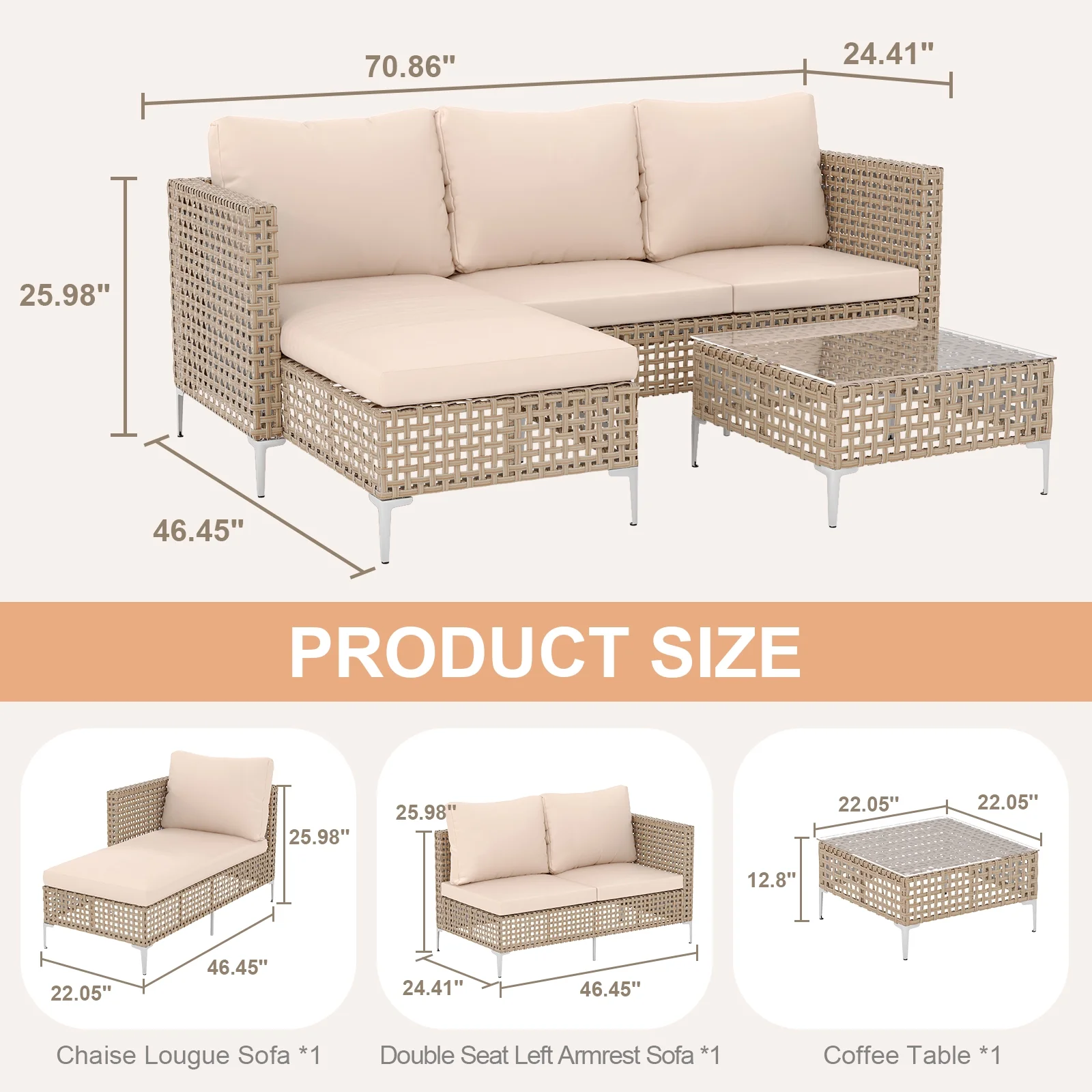 3 Piece Patio Furniture Set with Chaise Longue & Coffee Table, Outdoor Wicker Conversation Set for Patio, Porch, Backyard - All-Weather Yellow/Beige Cushions (Waterproof & Fade-Resistant)
