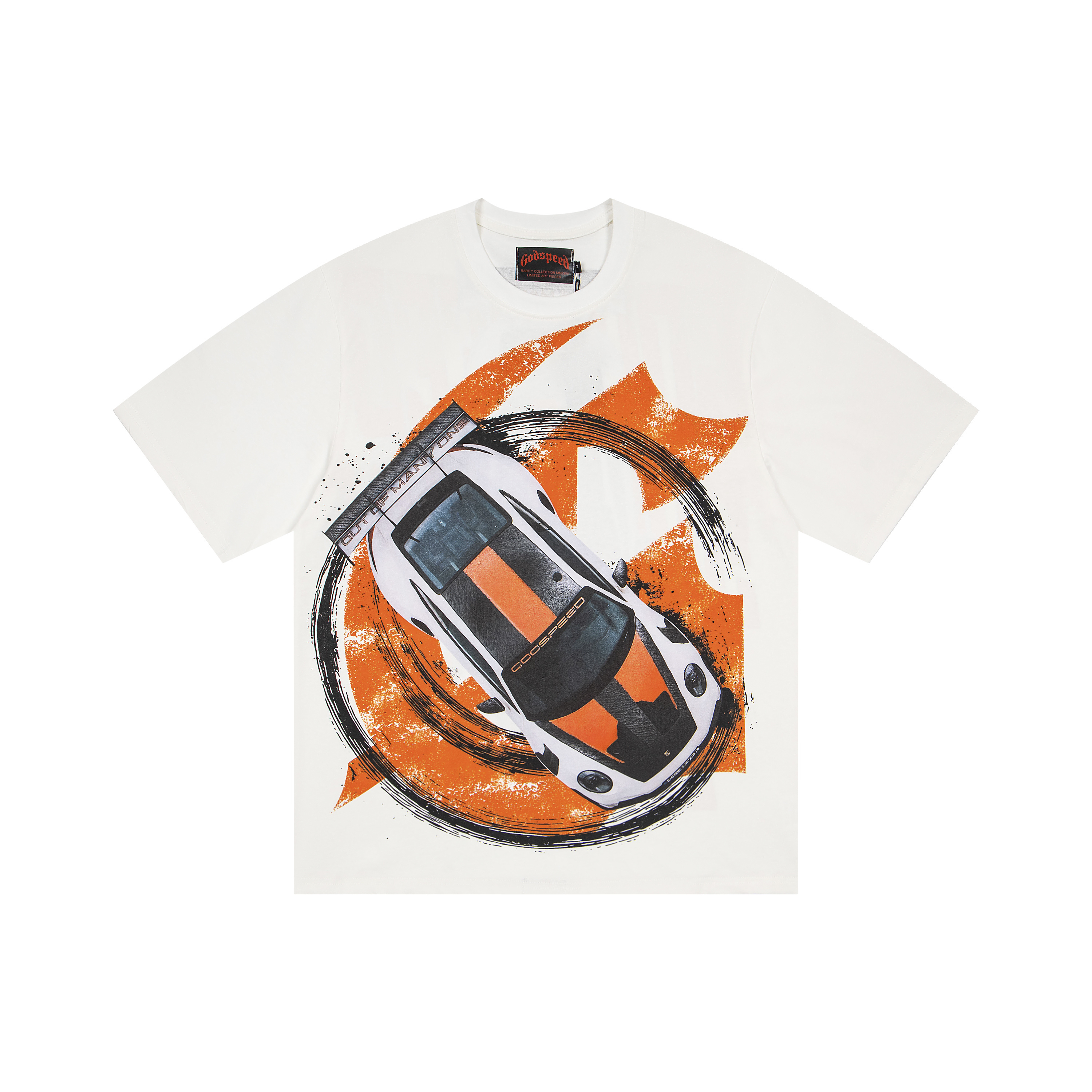 Orange splashed ink racing car print short-sleeved shirt