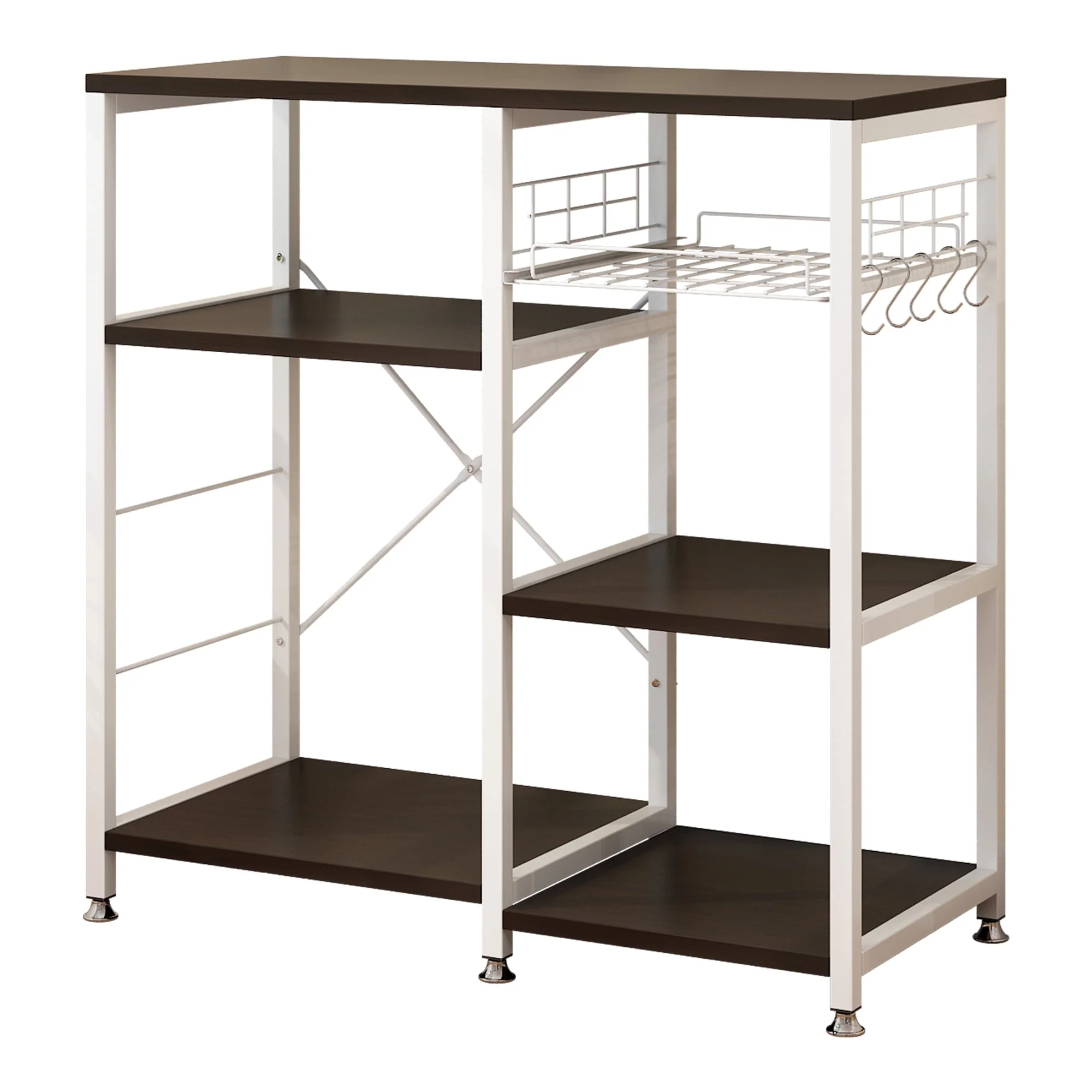 UbesGoo 4-Layer Kitchen Microwave Oven Stand Baker's Rack Storage Shelf Organizer with Basket and Hooks, Dark Brown