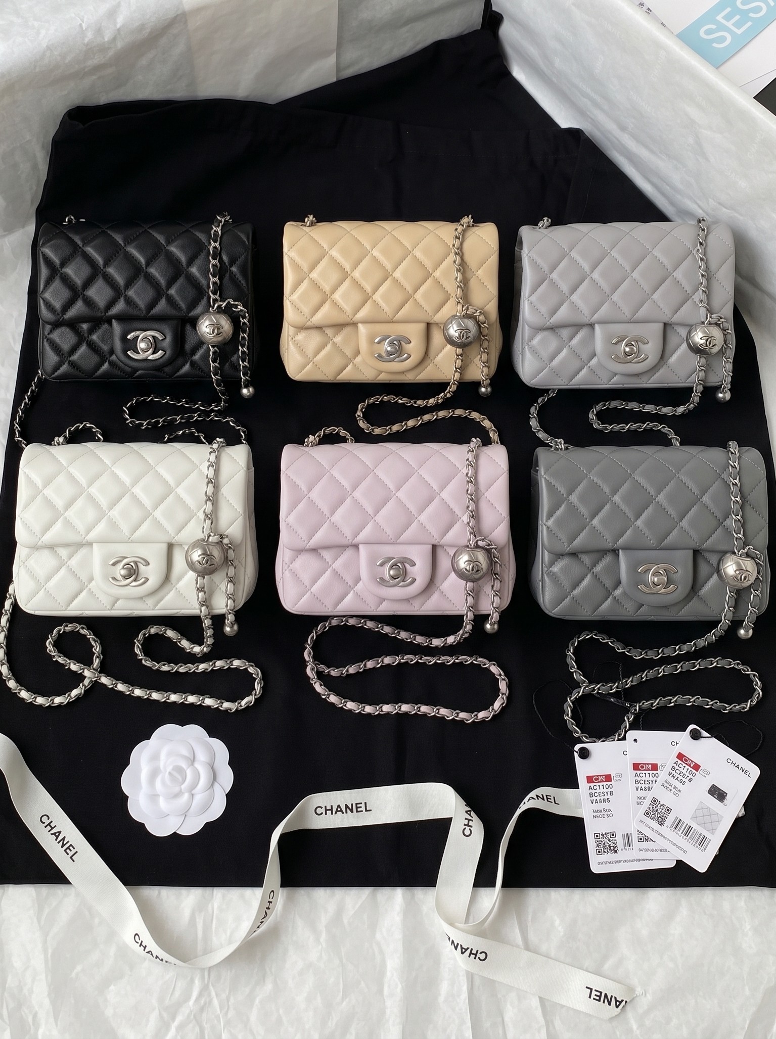 Chanel Mini Square CF 17CM Silver Ball Pearl Crush Quilted Leather Flap Chain Shoulder Bag /10A