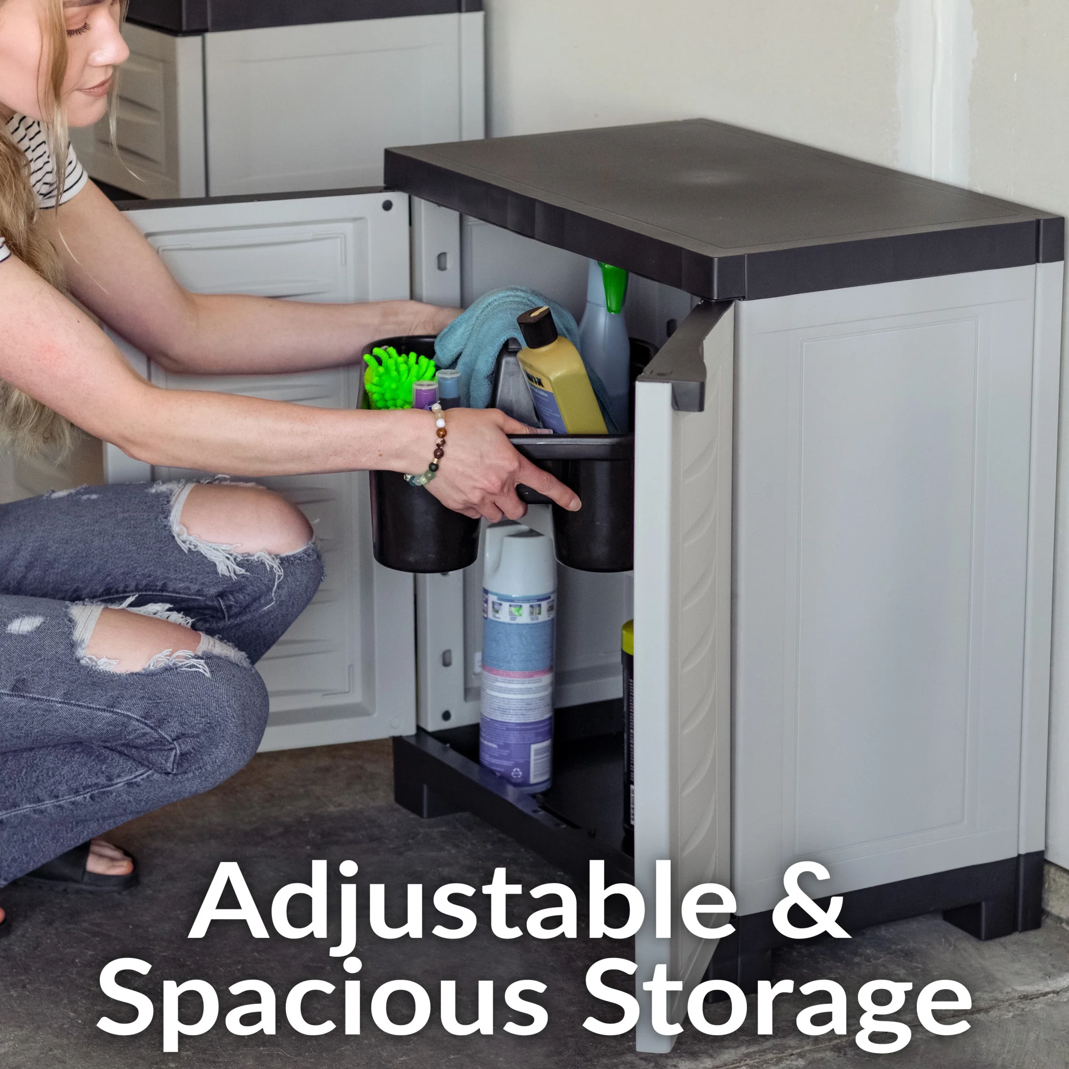 Sunnydaze Adjustable 25.5" Plastic 1-Shelf Freestanding Garage Storage Cabinet, Gray w/ Charcoal Trim
