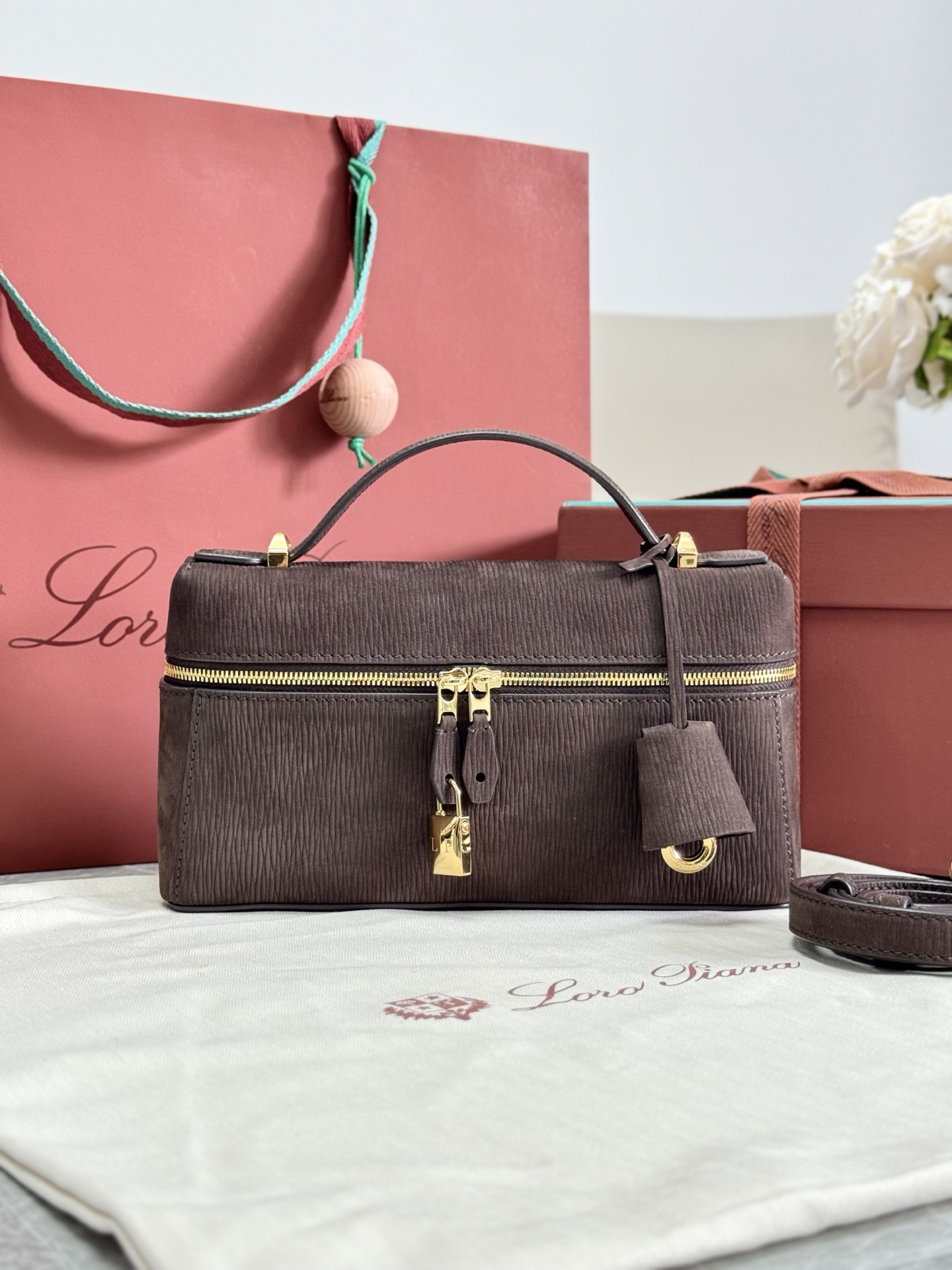 Loro piana Extra Bag L23 coffee colored suede crossbody bag