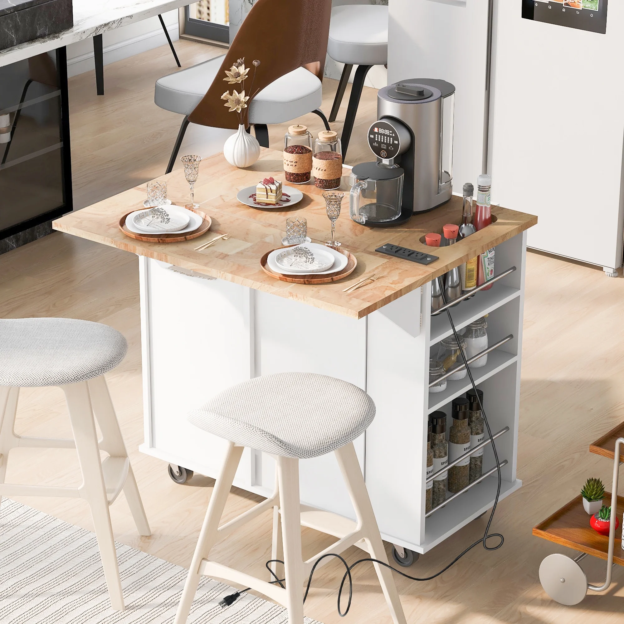 EUROCO 40" Kitchen Islands with Power Outlet,Kitchen islands cart with Drop Leaf,Rubber Wood Top,2 Drawers,Adjustable Shelves,5 Wheels,Wine Rack for Kitchen,Dining room,Home,Bar