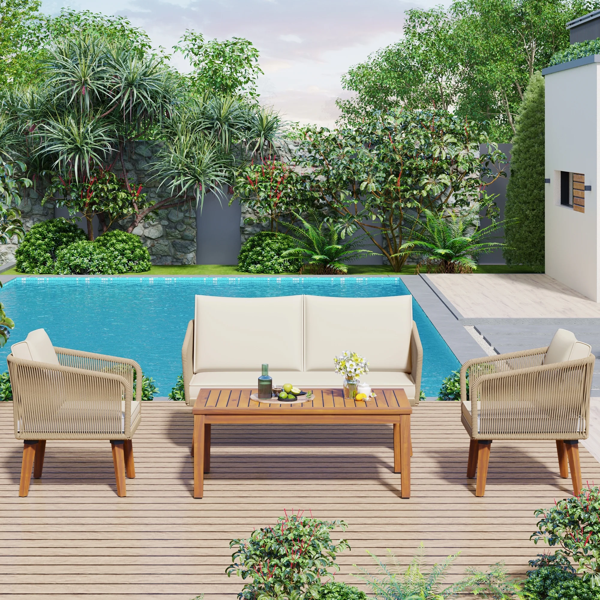 YIYADO 4-piece outdoor sofa set with rattan design, leisure table and chairs with cushions, outdoor sun protection, balcony sofa chair, beige