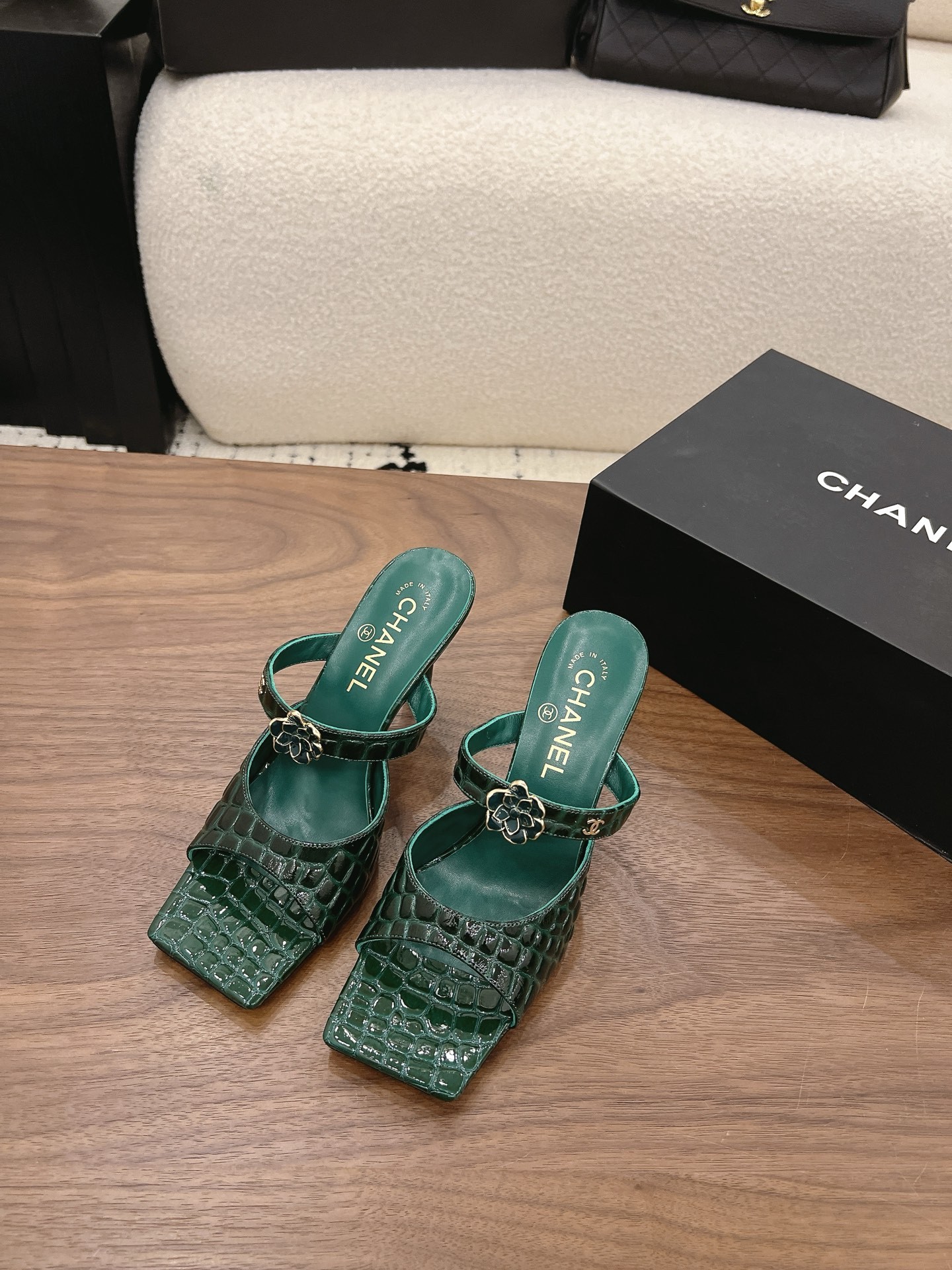 Chanel 26K Emerald Green Camellia Buckle Croc-Embossed Leather Square Toe Sandals Mules Heels