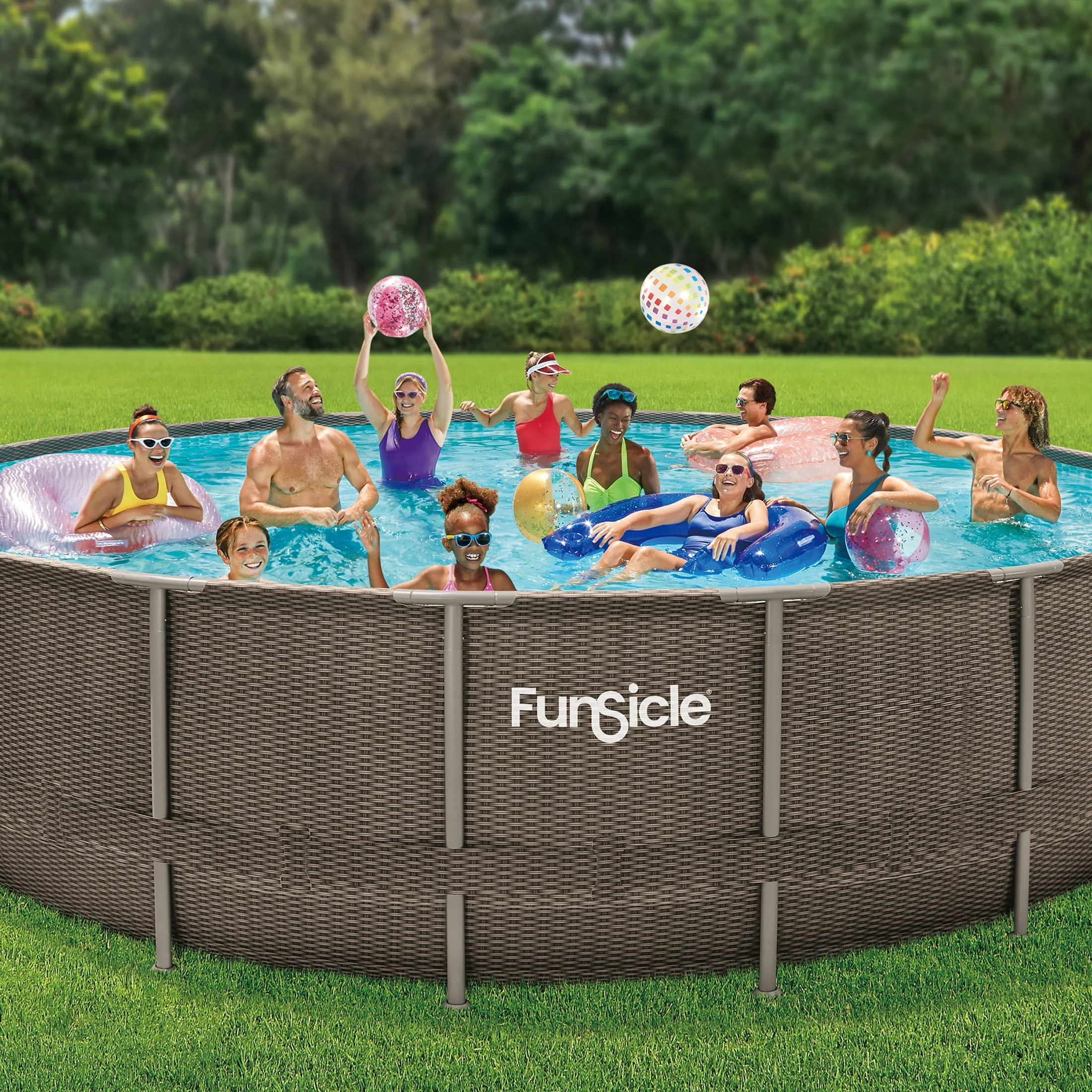 Funsicle 22 ft Oasis Designer Above Ground Frame Swimming Pool, Dark Double Rattan, Round, Age 6 & up