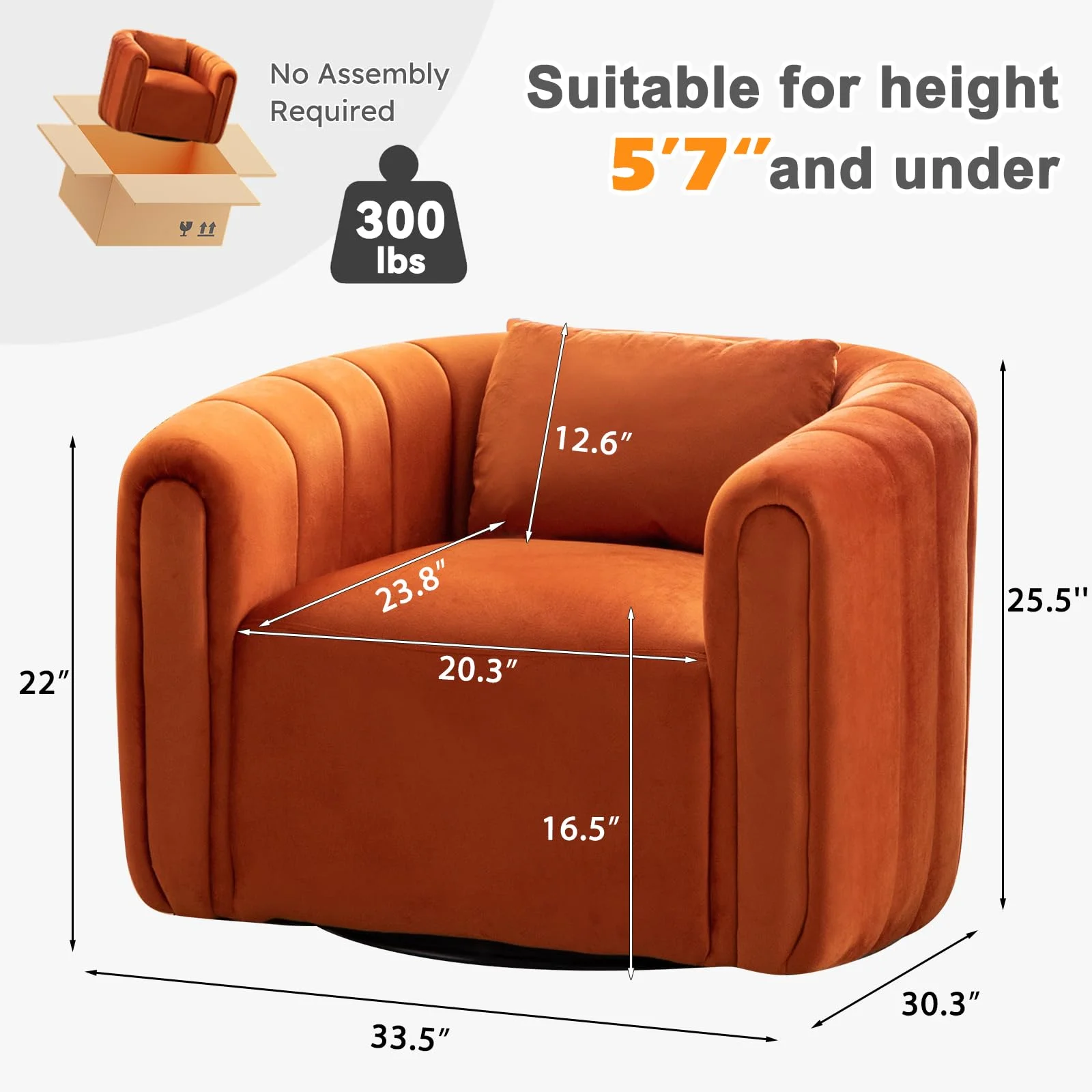 Bonzy Home Swivel Chair with Plump Pillow, Modern Velvet Accent Chair for Living Room Bedroom , Comfy Round Armchair, Orange