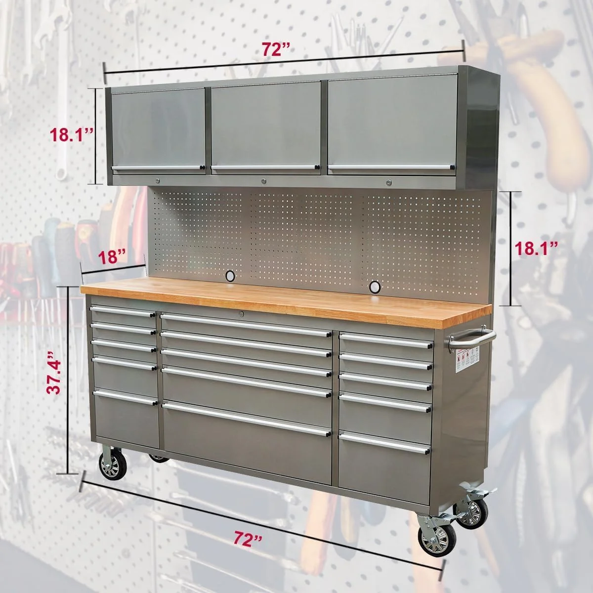72 Inch Stainless Steel Rolling Tool Chest with 15 Drawers + 3 Upper Cabinets, Mobile Workbench, Assembled Large Tool Box Lockable Storage Cabinet with Wheels for Garage Workshop