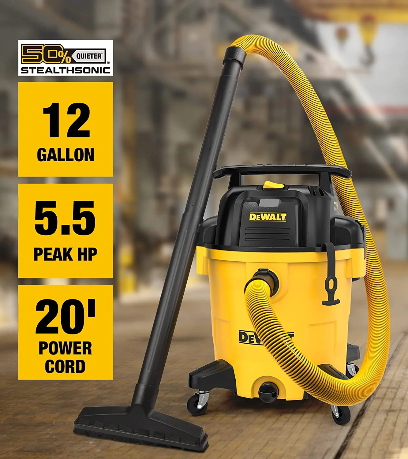 DEWALT 12 Gallon STEALTHSONIC Ultra Quiet Poly Wet Dry Vacuum, DXV12P-QTA Newest Noise Reduction Vac, 5.5 Peak HP Shop Vacuum for Jobsite/Workshop, Reduce Motor Noise, Yellow