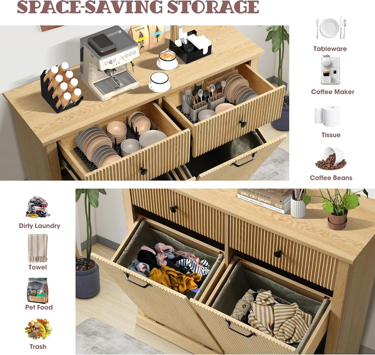 Haverchair Double Tilt Out Laundry Hamper Cabinet, Modern Fluted Trash Can Cabinets with Drawer, Wooden Hidden Garbage Cabinet for Kitchen and Bathroom