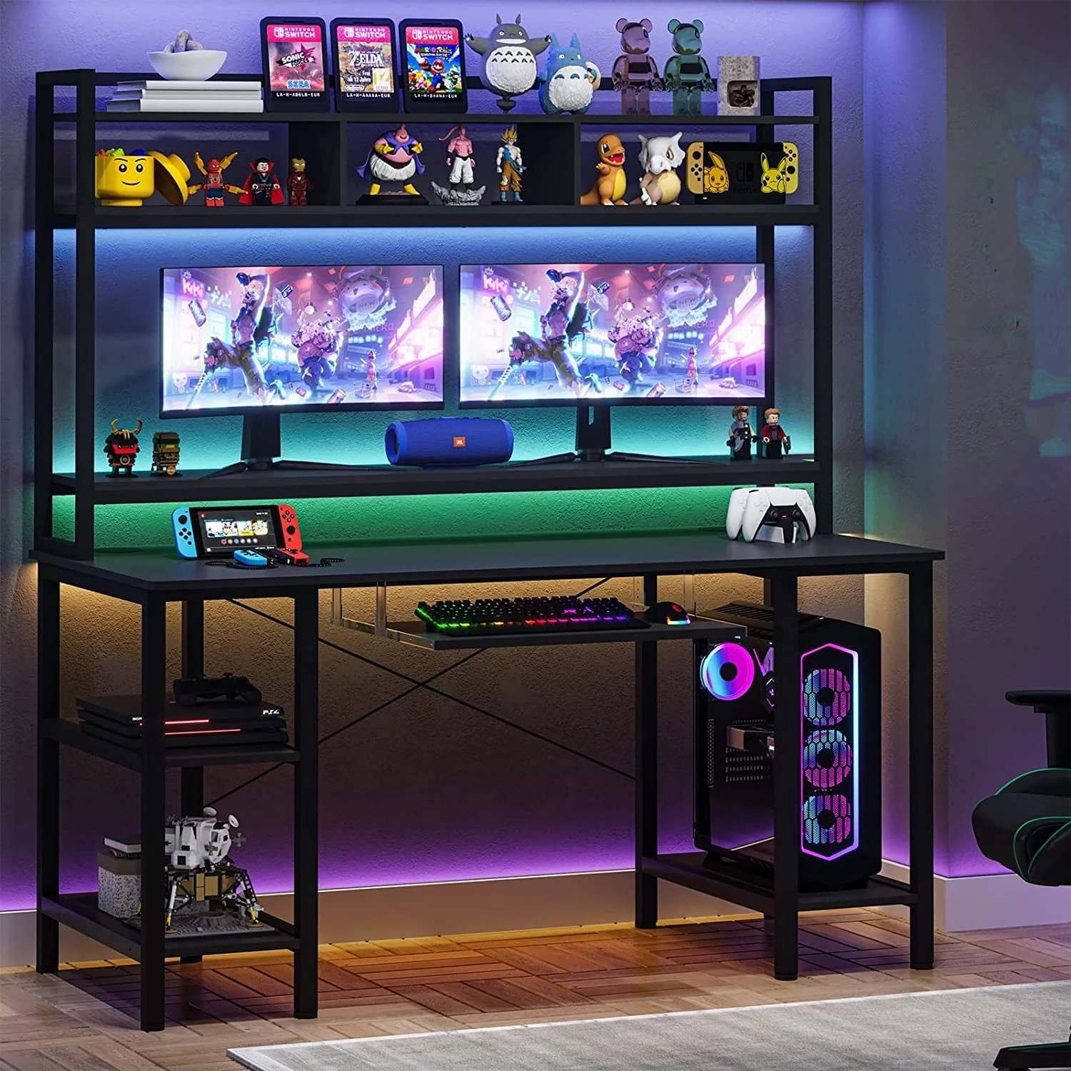 55" Computer Desk with Drawer&Power Outlet, Industrial Home Office Table Gaming Desk PC Study Workstation with Hutch&LED Lights&Adjustable Shelves,White