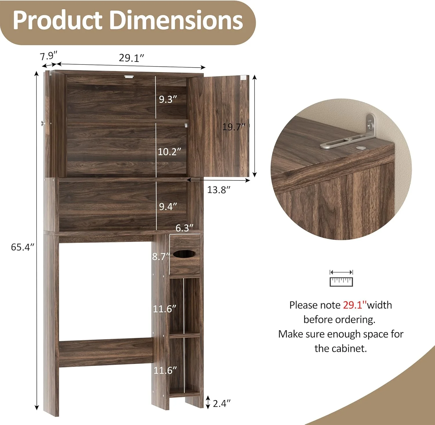 Over The Toilet Storage Cabinet, Farmhouse Storage Cabinet Over Toilet with Toilet Paper Holder Stand, Freestanding Bathroom Storage Organizer Space Saver W/Adjustable Shelf, Walnut