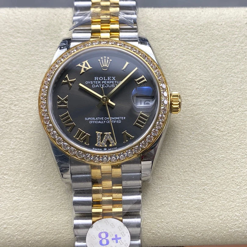 Rolex Watch Datejust 31mm Yellow Gold Steel Diamond Bezel Dark Grey Dial