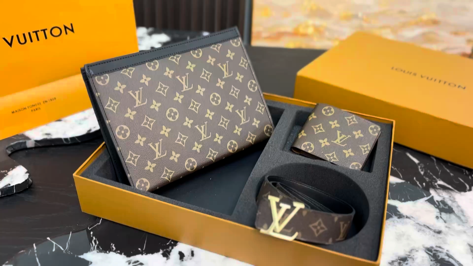 LV Clutch Wallet Belt Three Piece Gift Set