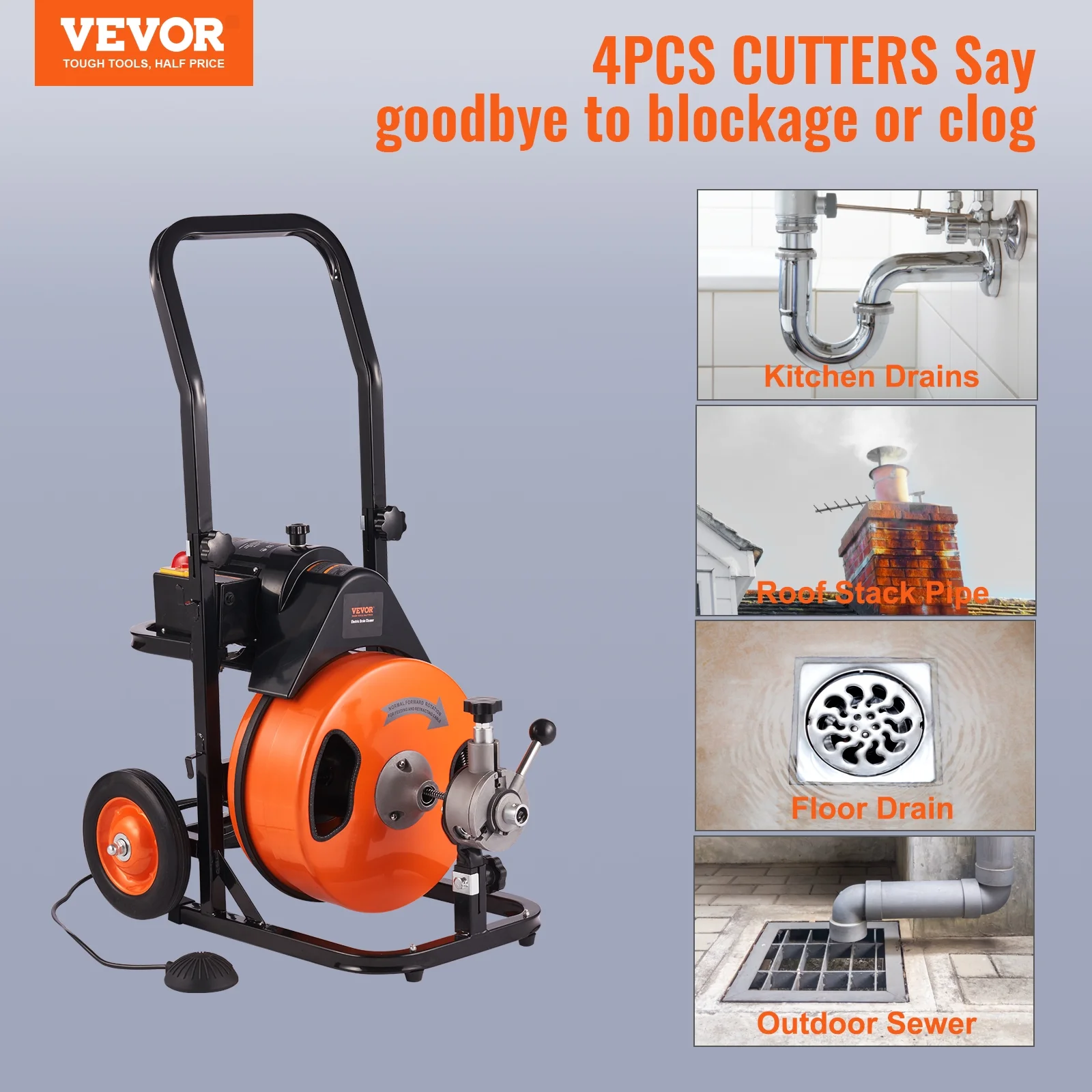 VEVOR Drain Cleaning Machine 50 FT x 1/2 Inch, Sewer Auger Auto Feed with 4 Cutter & Air-activated Foot Switch for 1