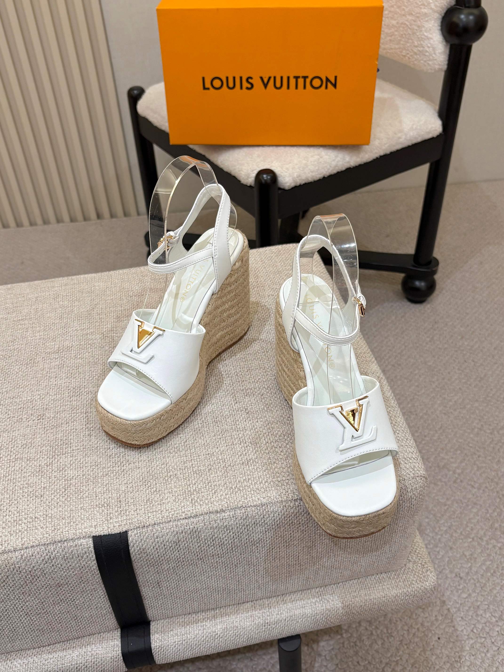 LV Isola Cut-Out Leather Woven Jute Rope Espadrille Platform Wedge Sandal