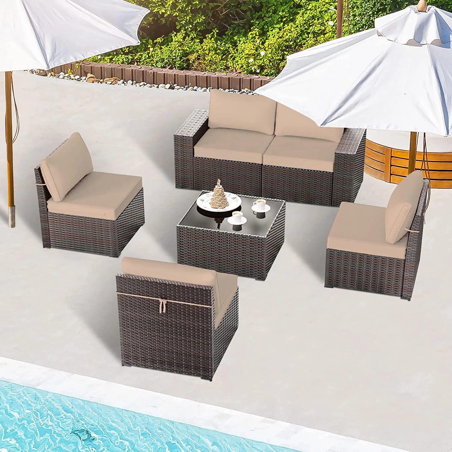 Grezone 6 Pieces Patio Outdoor Furniture Sets All Weather Wicker Sectional Sofa Couch Lawn Sectional Furniture with Washable Couch Cushions and Black glass Wicker Table (Cream)