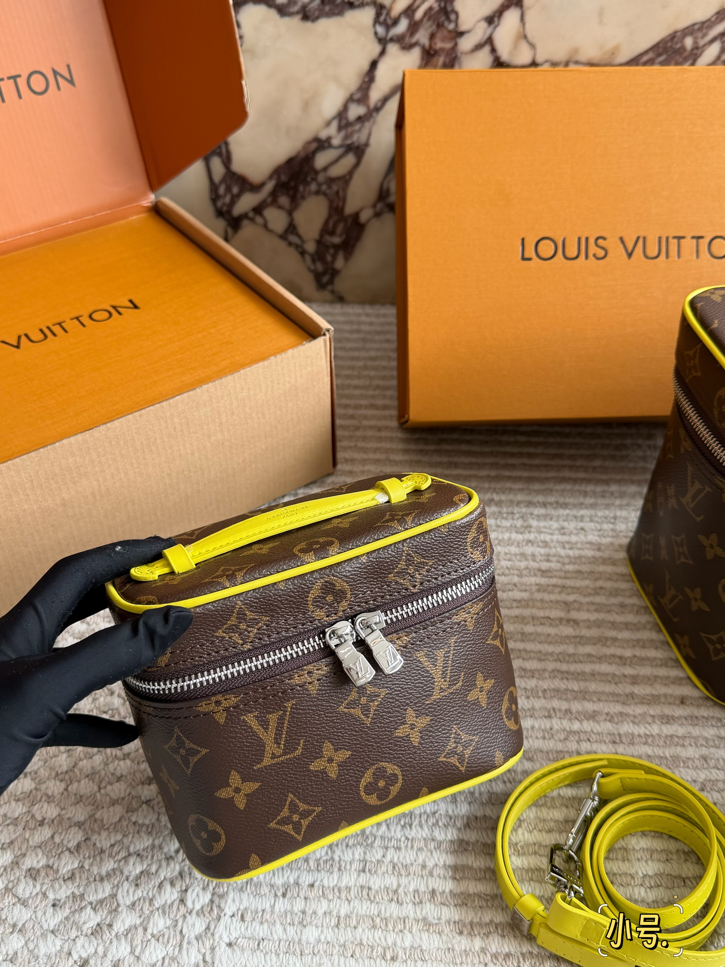 LV Neon Yellow Trim Nice Vanity Case Box Monogram Coated Canvas Shoulder Top Handle Bag