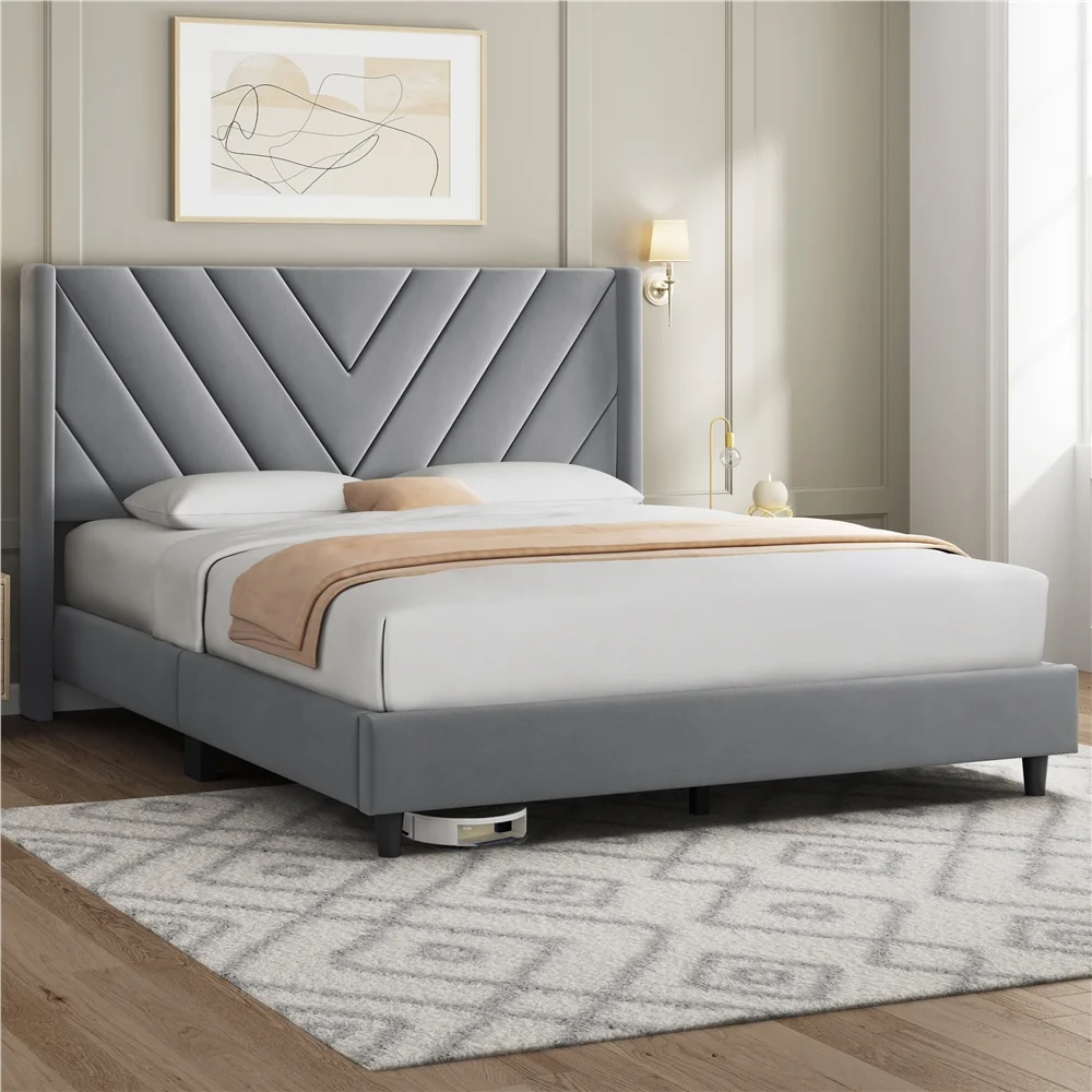 Renwick Queen Size Upholstered Platform Bed Frame with Tufted Headboard, Light Gray, Adult