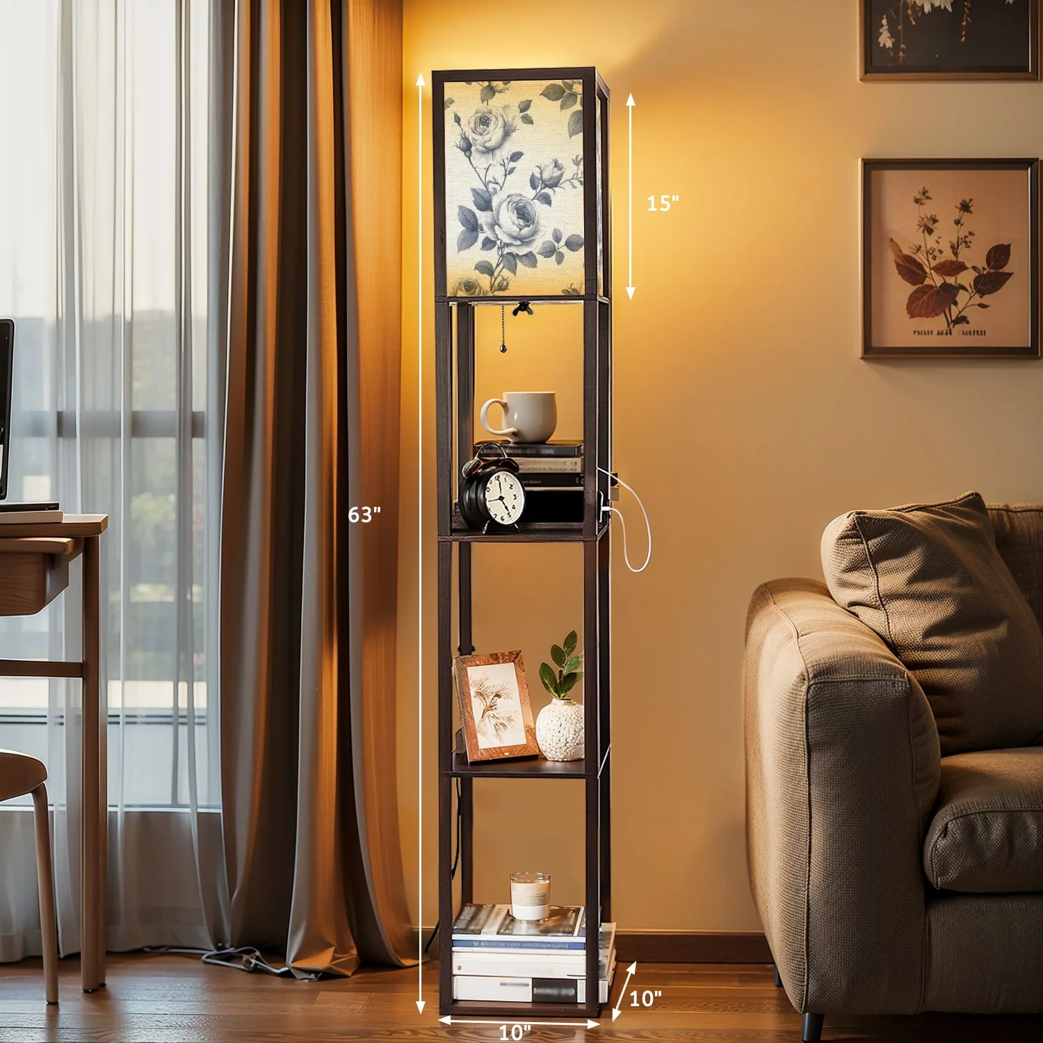 Floor Lamp with Shelves,Modern Dimmable Standing Lamp Floral Corner Display Bookshelf Lamp with 2 USB & 1 Power Outlet for Living Room & Bedroom