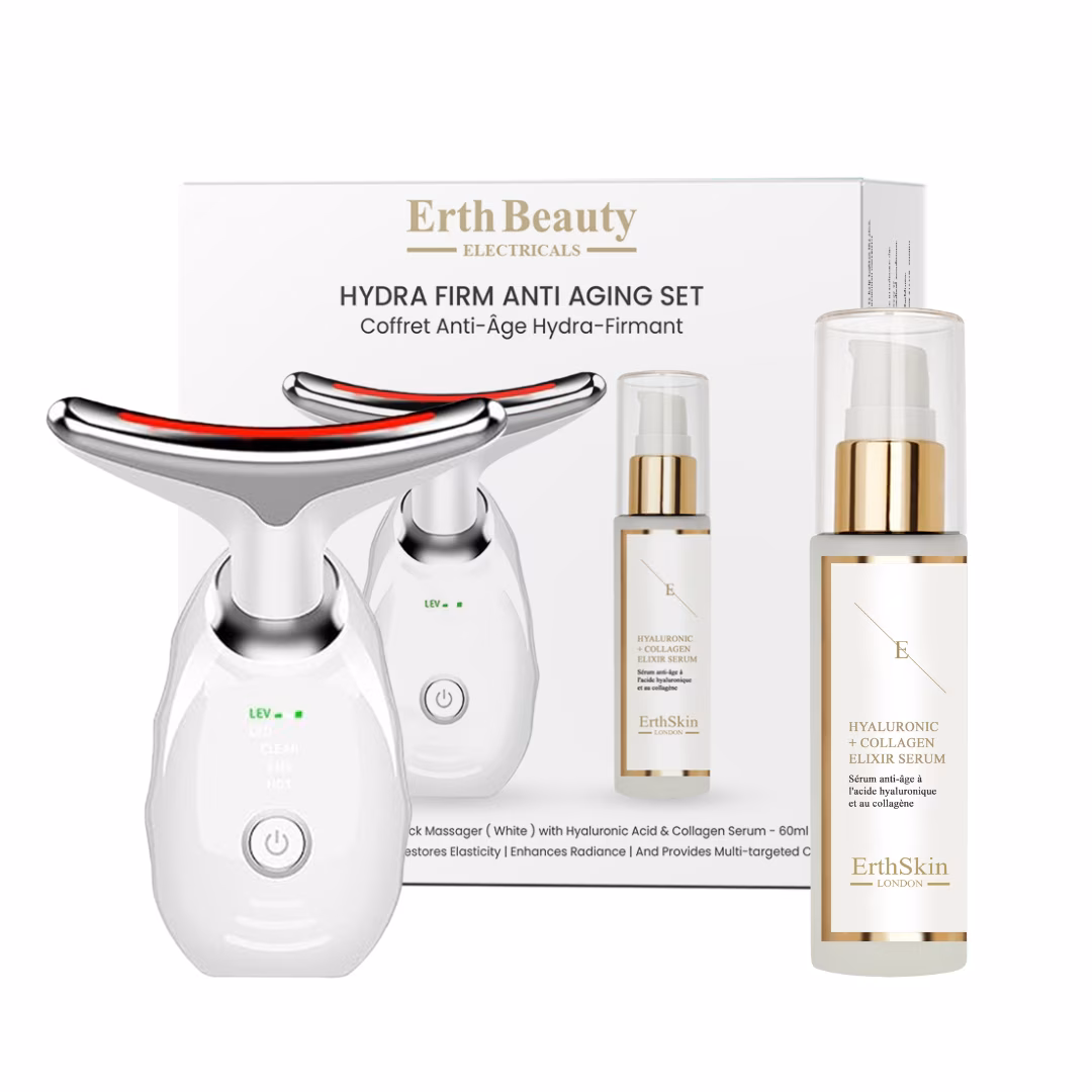 Hydra Firm Anti-Aging Set (Gesichts- & Halsmassagegerät – Weiß mit HA-Serum)