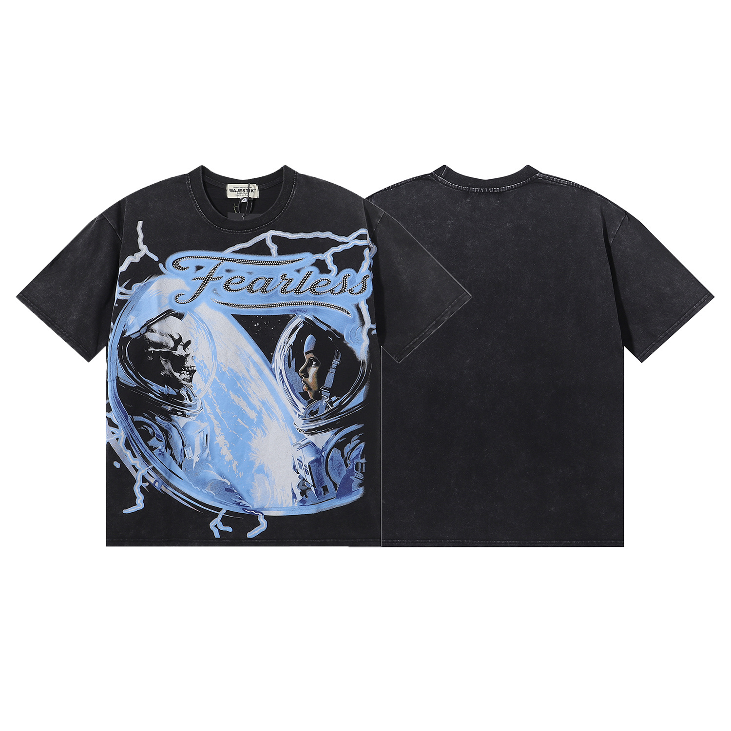 Washing water black science fiction futuristic style blue printed rhinestone short sleeve shirt