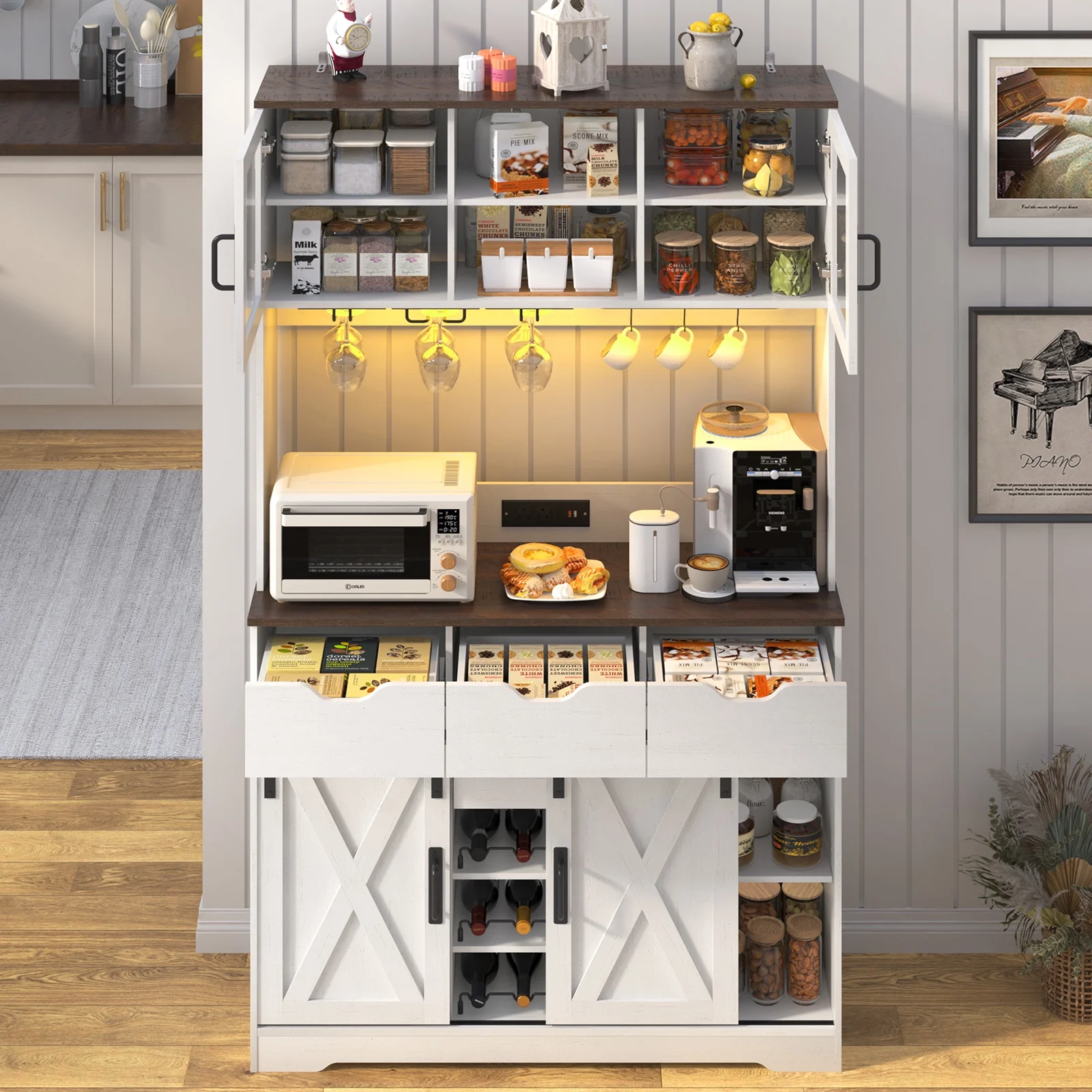 72" Tall Kitchen Pantry with LED Light & Power Outlet & Wine Rack, Large Pantry Hutch Cabinet with Sliding Barn Door & Glass Doors & 4 Drawers