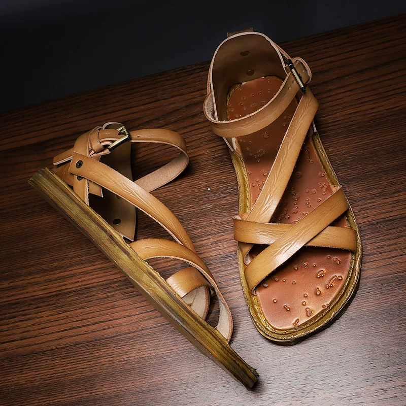Handmade retro vegetable tanned cowhide woven hollow sandals