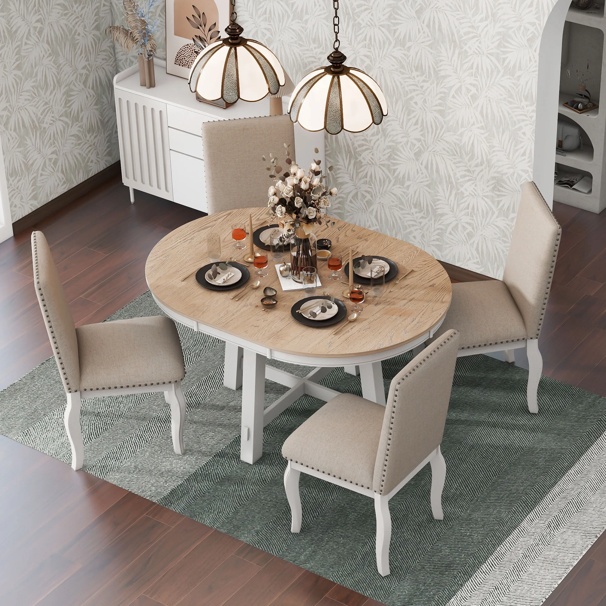 Bellemave 5-Piece Round Dining Table Set, Wood Farmhouse Extendable Dining Table and 4 Upholstered Dining Chairs, Kitchen Dining Table Set for 4 Antique White