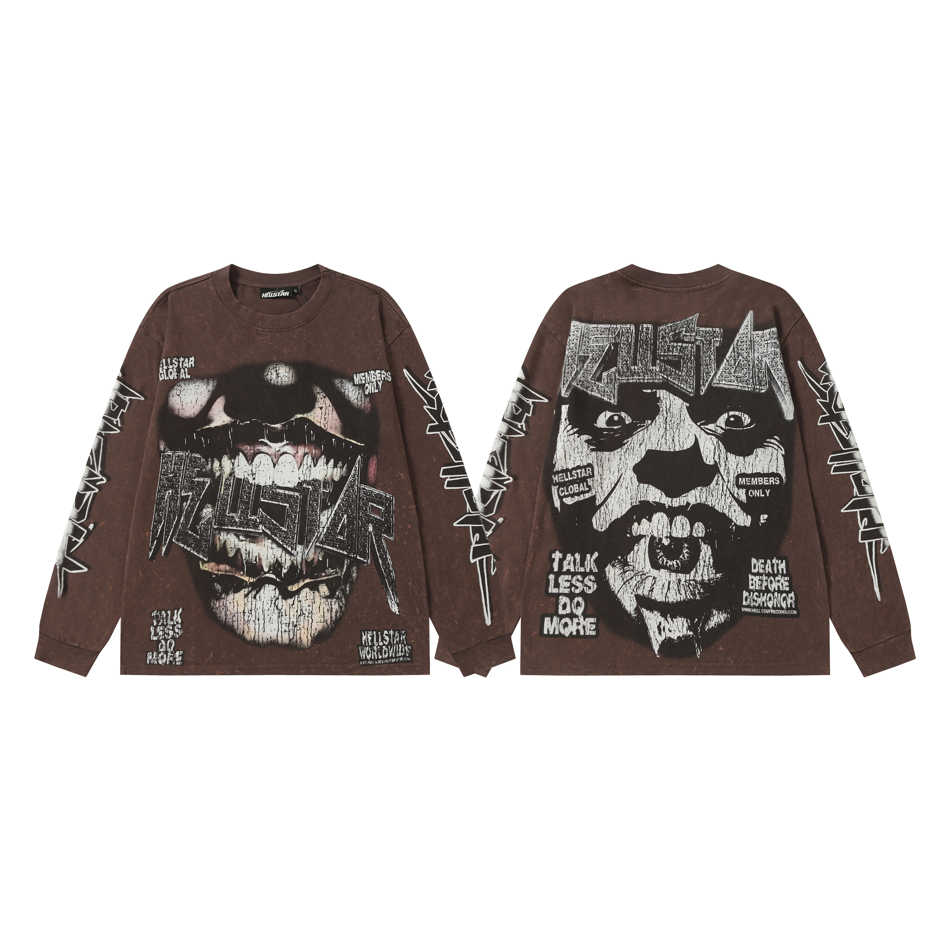 Street-style washed and distressed brown long-sleeved T-shirt