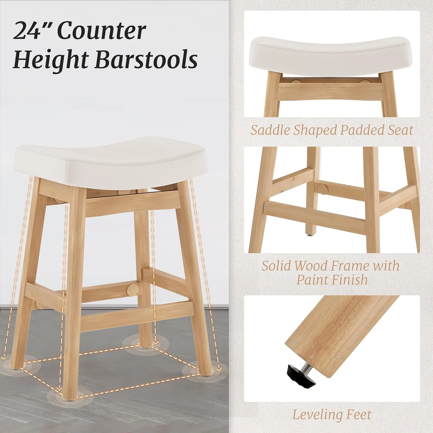 Dycanpo Saddle Seat Counter Height Bar Stools Set of 3 for Kitchen, Dining, 24in, Beige-Fabric