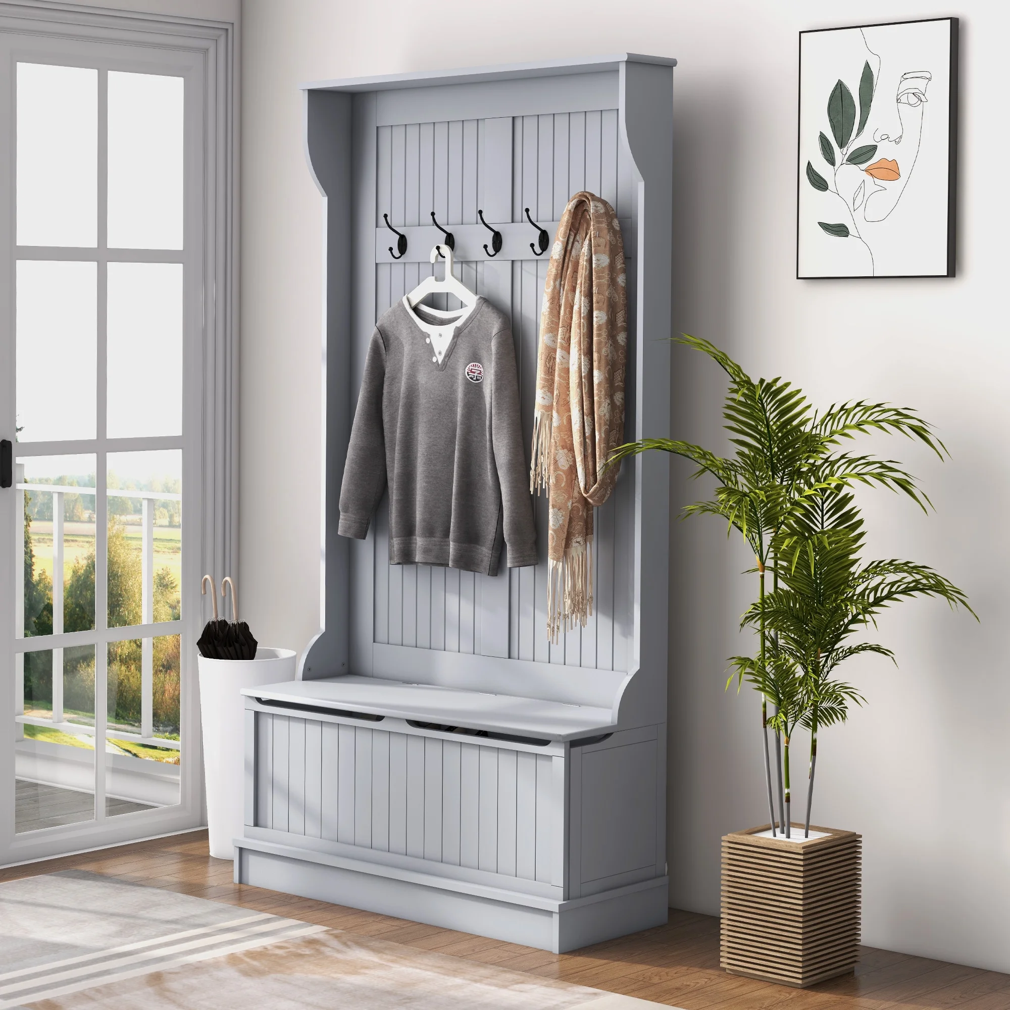 Homiyad 3-In-1 Entryway Bench with Coat Rack, Hall Tree with Bench and Shoe Storage, 5 Hooks for Hallway